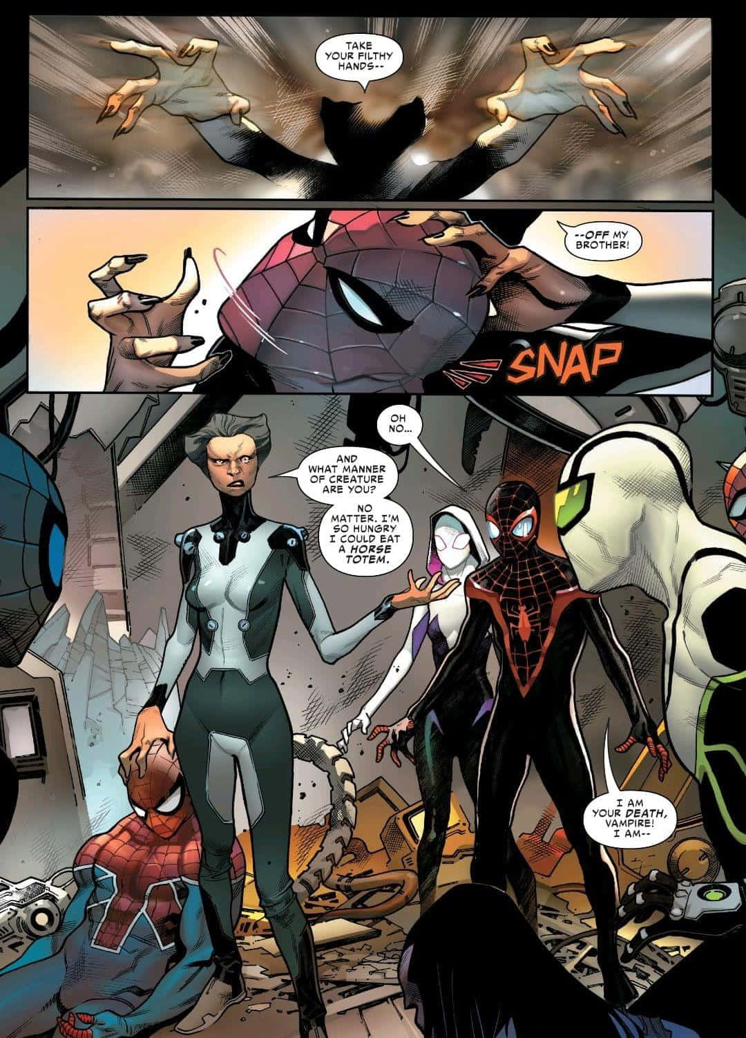Spider-geddon 桌布 壁紙 — 蜘蛛俠角色在漫畫格中與吸血鬼反派在廢墟城市環境中衝突。