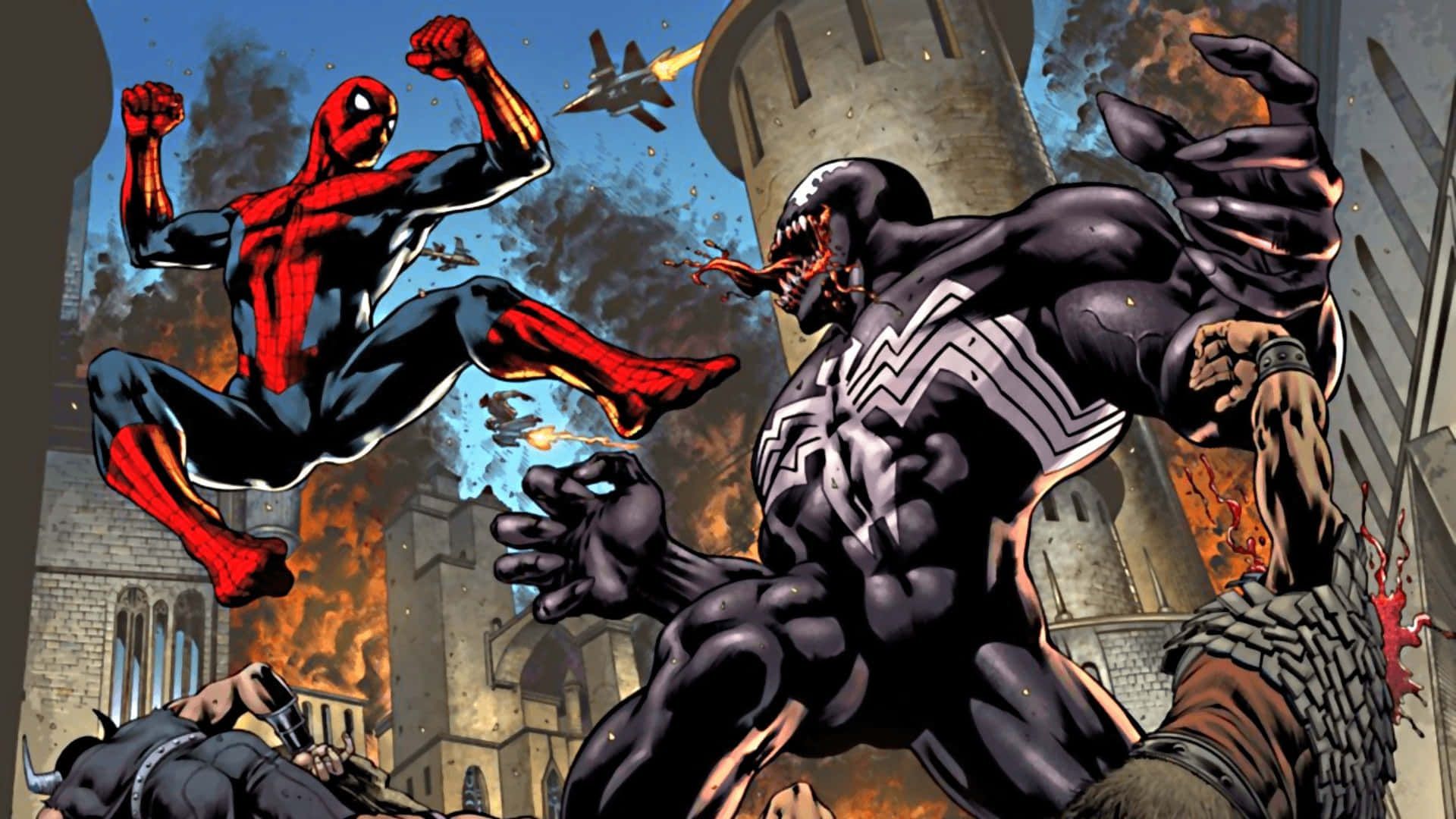 Venom Comic Book 桌布 壁紙 — 蜘蛛俠跳入與毒液戰鬥，周圍是熾熱的爆炸和崩塌的石塔。
