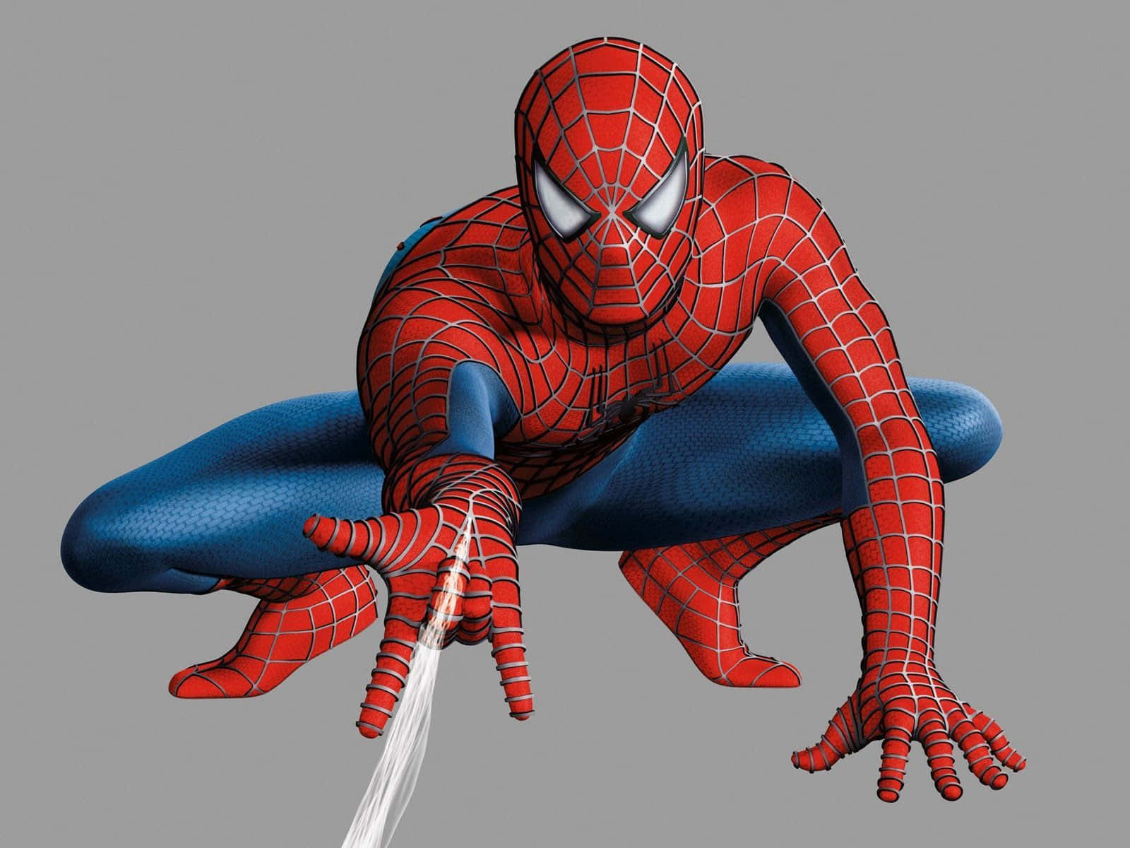 Spider-man Web Shooter 桌布 壁紙 — 蜘蛛俠蹲下準備從右手射出蛛網，背景為純灰色。