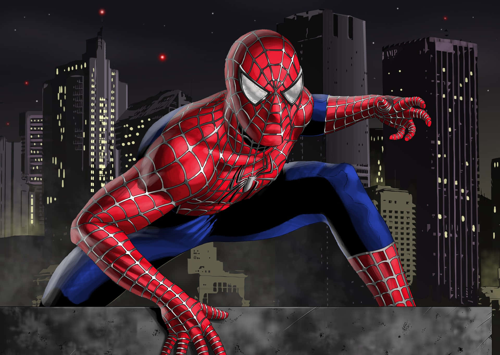 Spider Man 3 桌布 壁紙 — 蜘蛛俠蹲在屋頂上，背景是黑暗的城市天際線，有發光的窗戶和星星。