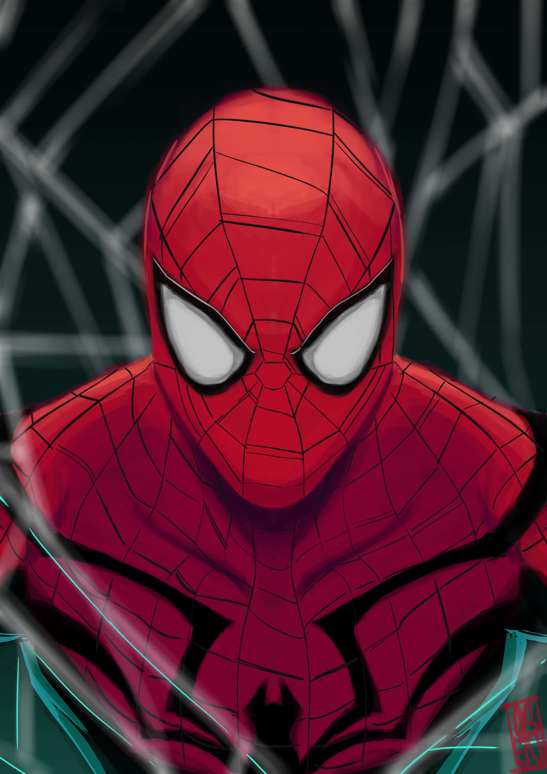 Superior Spider-man 桌布 壁紙 — 蜘蛛俠身穿標誌性紅色戰衣、白色眼睛和黑色蛛網圖案的近距離特寫，在黑暗背景下由發光藍色蛛網框住。