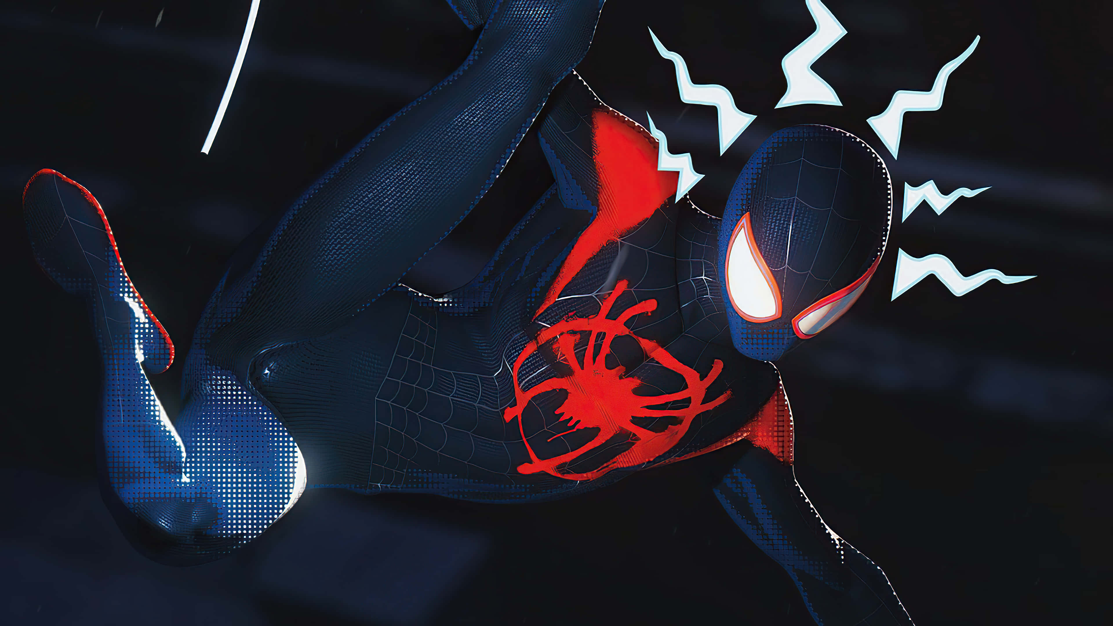 Spider-man Spider Sense 桌布 壁紙 — 蜘蛛俠身穿深藍色戰衣，帶有發光的紅色蜘蛛標誌和白色眼睛，在黑色背景上動態擺動，伴隨電光藍色能量爆發。