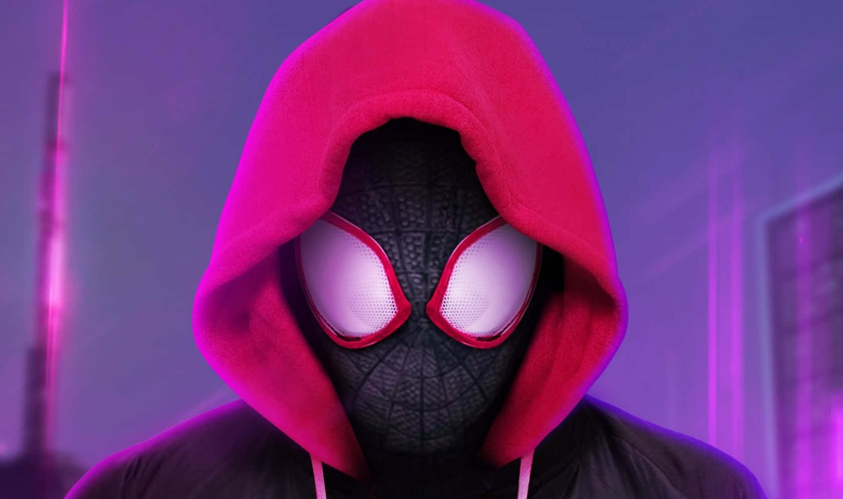 Miles Morales 動漫 桌布 壁紙 — 蜘蛛俠身穿粉紅色連帽衫，白色眼睛發光，背景是霓虹紫色城市景觀的特寫。