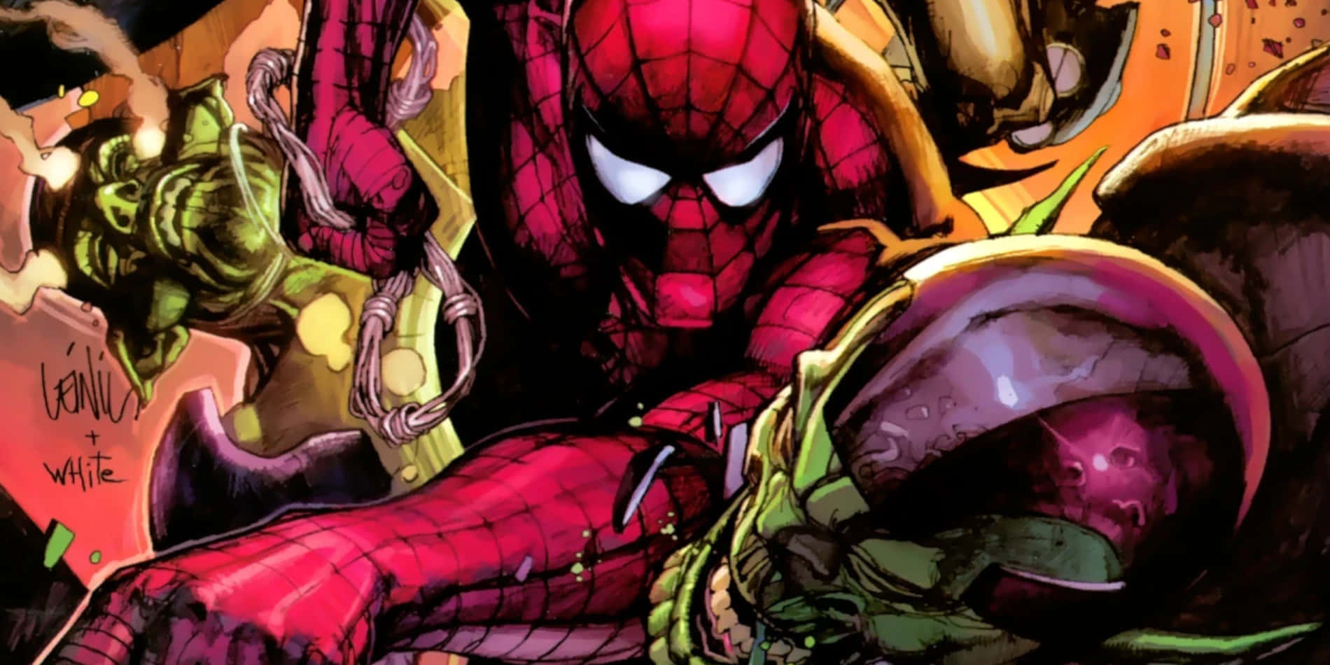 Secret Invasion 桌布 壁紙 — 蜘蛛俠身穿紅色戰衣，在動感漫畫格中以大膽線條和鮮豔色彩與綠色皮膚的敵人戰鬥。