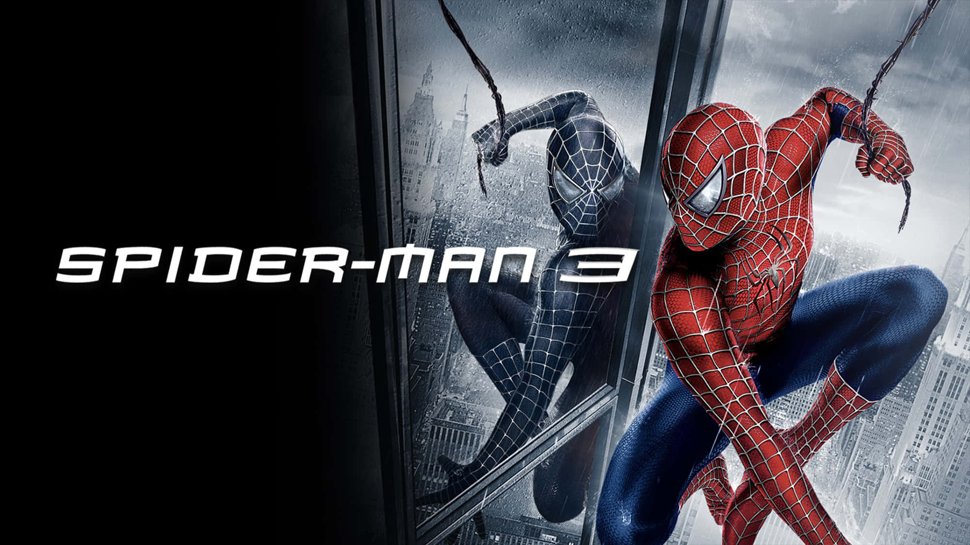 Spider Man 3 桌布 壁紙 — 蜘蛛俠身穿紅色戰衣，在雨中摩天大樓的城市景觀旁，與他的黑色戰衣倒影並肩擺盪。