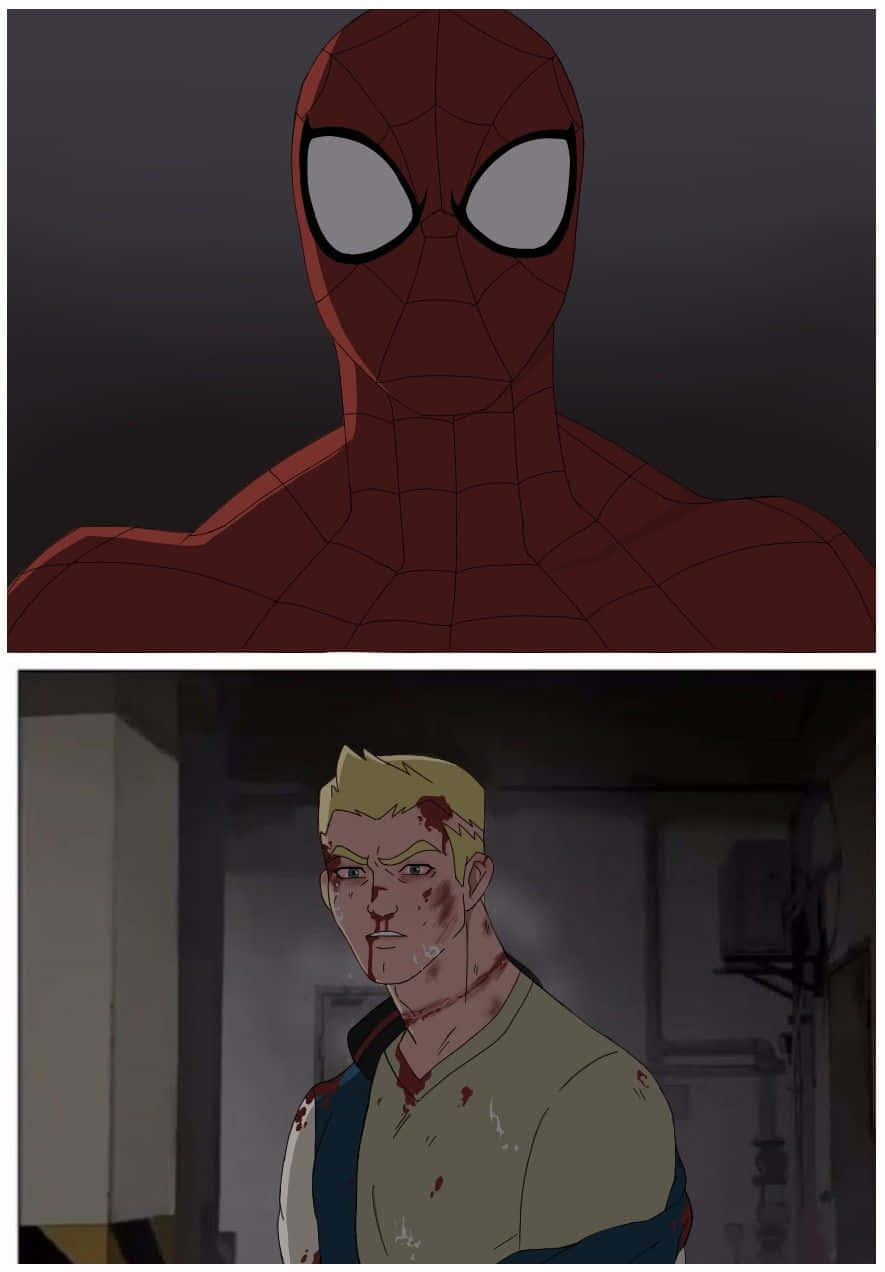 Flash Thompson 桌布 壁紙 — 蜘蛛俠身穿紅色戰衣，在黑暗背景前，於骯髒小巷中一個血跡斑斑的金髮男子上方，凝視著對方。