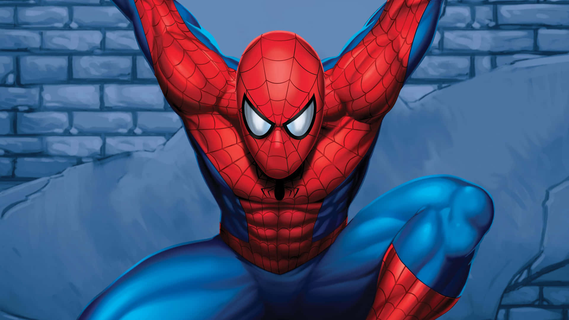 Cartoon Heroes 桌布 壁紙 — 蜘蛛俠身穿紅藍戰衣，在灰色磚牆前動態蹲伏，白色眼睛充滿力量。