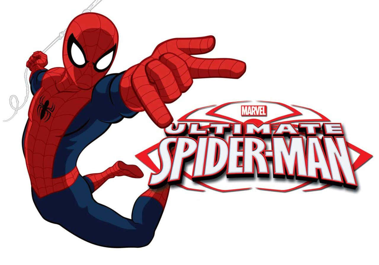 Ultimate Spider-man 桌布 壁紙 — 蜘蛛俠身穿紅藍戰衣，在白色背景上以蛛絲和平手勢動態擺盪，並帶有Ultimate Spider-Man標誌。