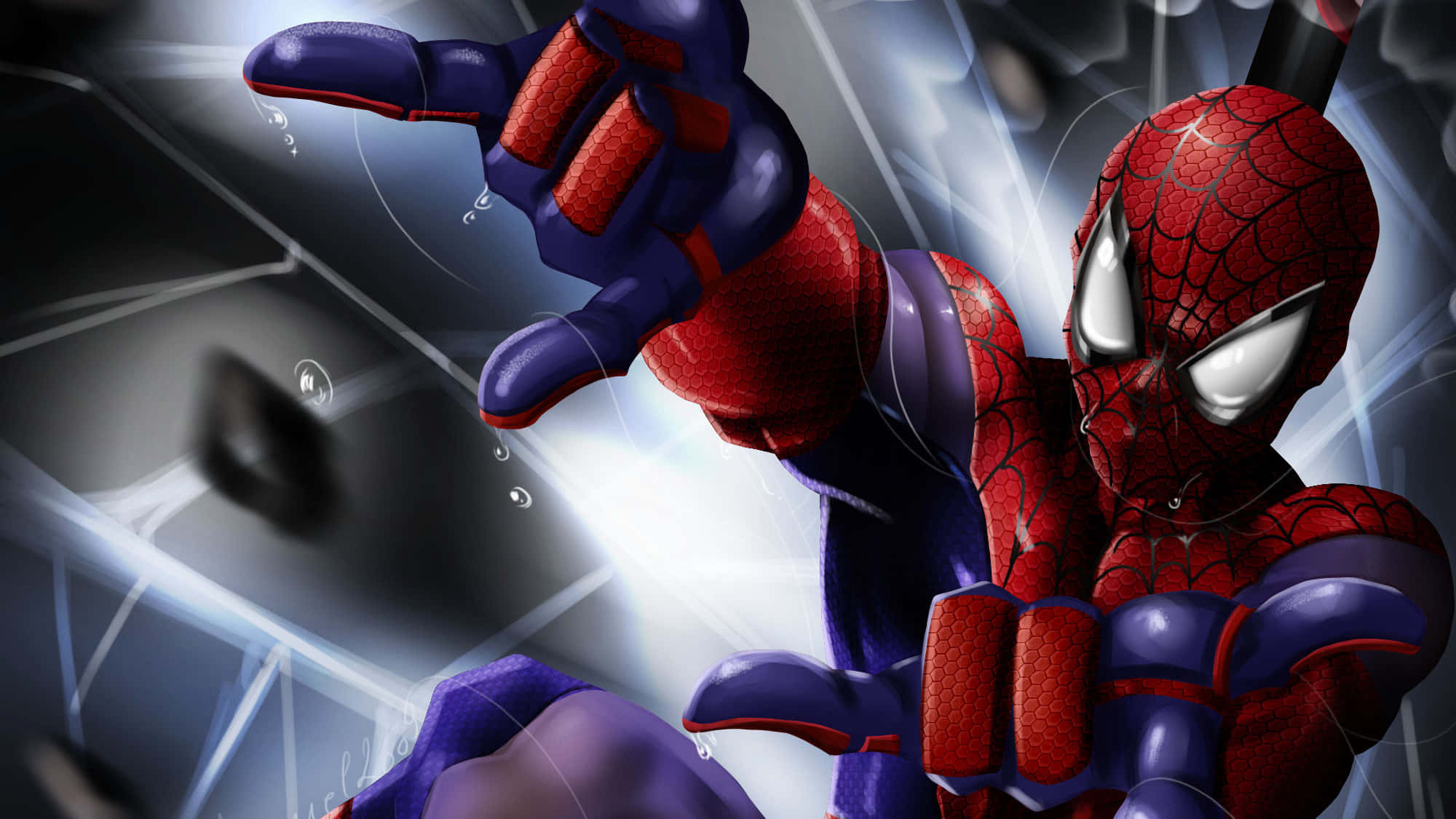 Ultimate Spider-man 桌布 壁紙 — 蜘蛛俠身穿紅藍戰衣，在破碎玻璃背景和發光效果中動態擺出動作姿勢。