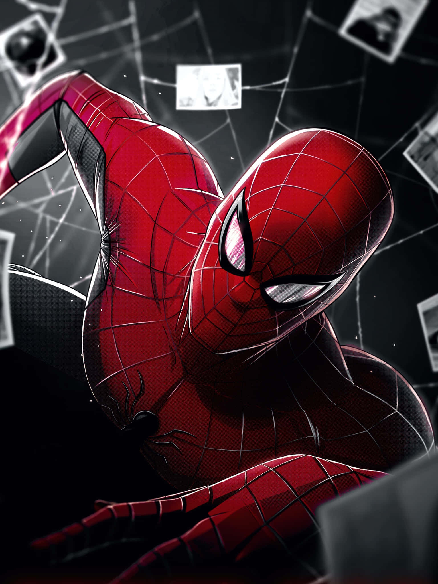 Ultimate Spider-man 桌布 壁紙 — 蜘蛛俠身穿紅藍戰衣，在黑暗背景中動態蹲伏，周圍有漂浮的照片和蛛網線條。
