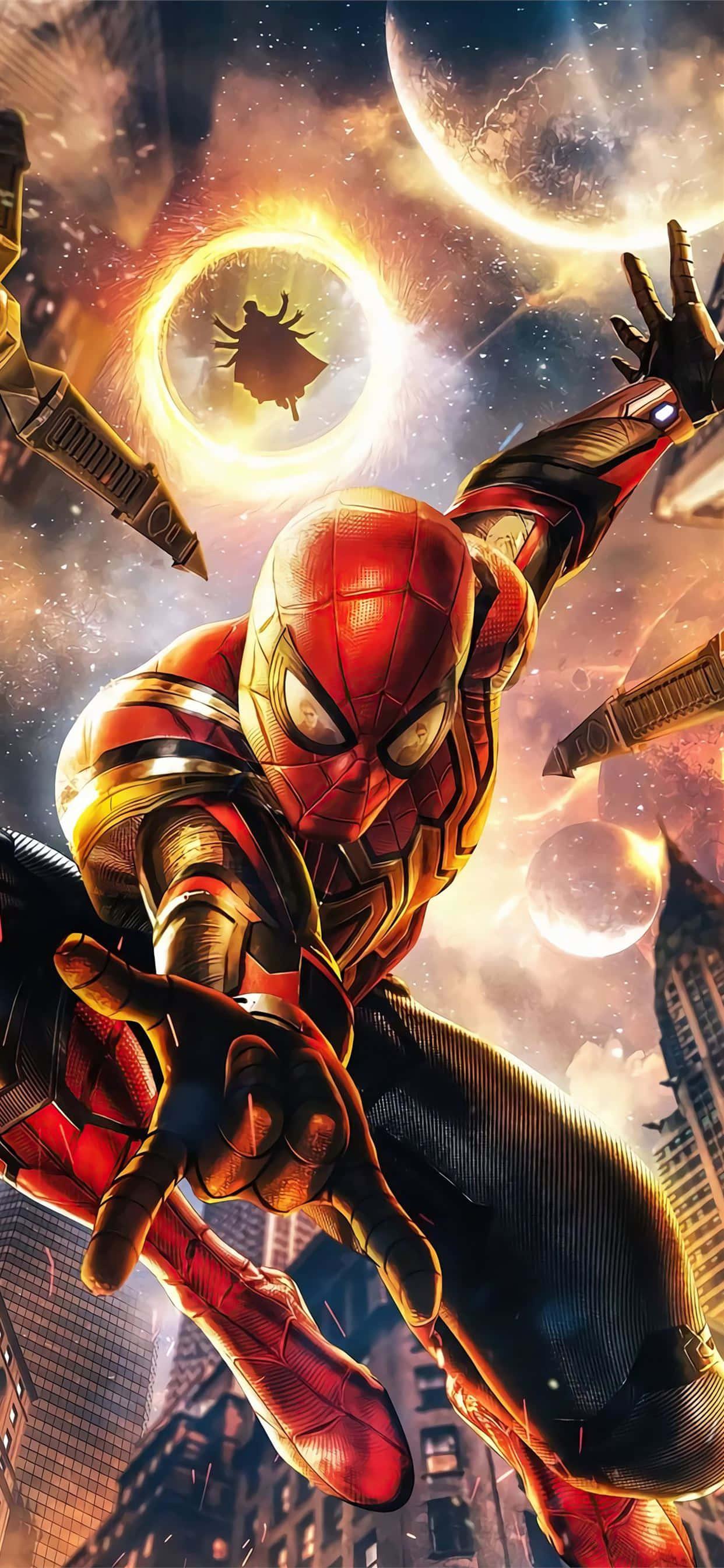 Spider Man No Way Home 桌布 壁紙 — 蜘蛛俠身穿紅金戰衣，在充滿發光行星和身後傳送門中威脅性剪影的宇宙城市景觀中動態跳躍。
