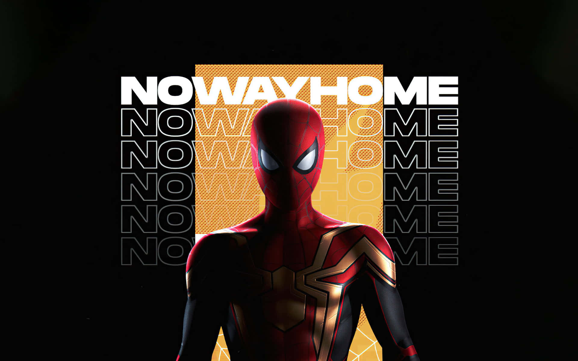 Spider Man No Way Home 桌布 壁紙 — 蜘蛛俠身穿紅金戰衣，站在黑色背景前，背景重複出現白色和黃色的「NOWAYHOME」文字。