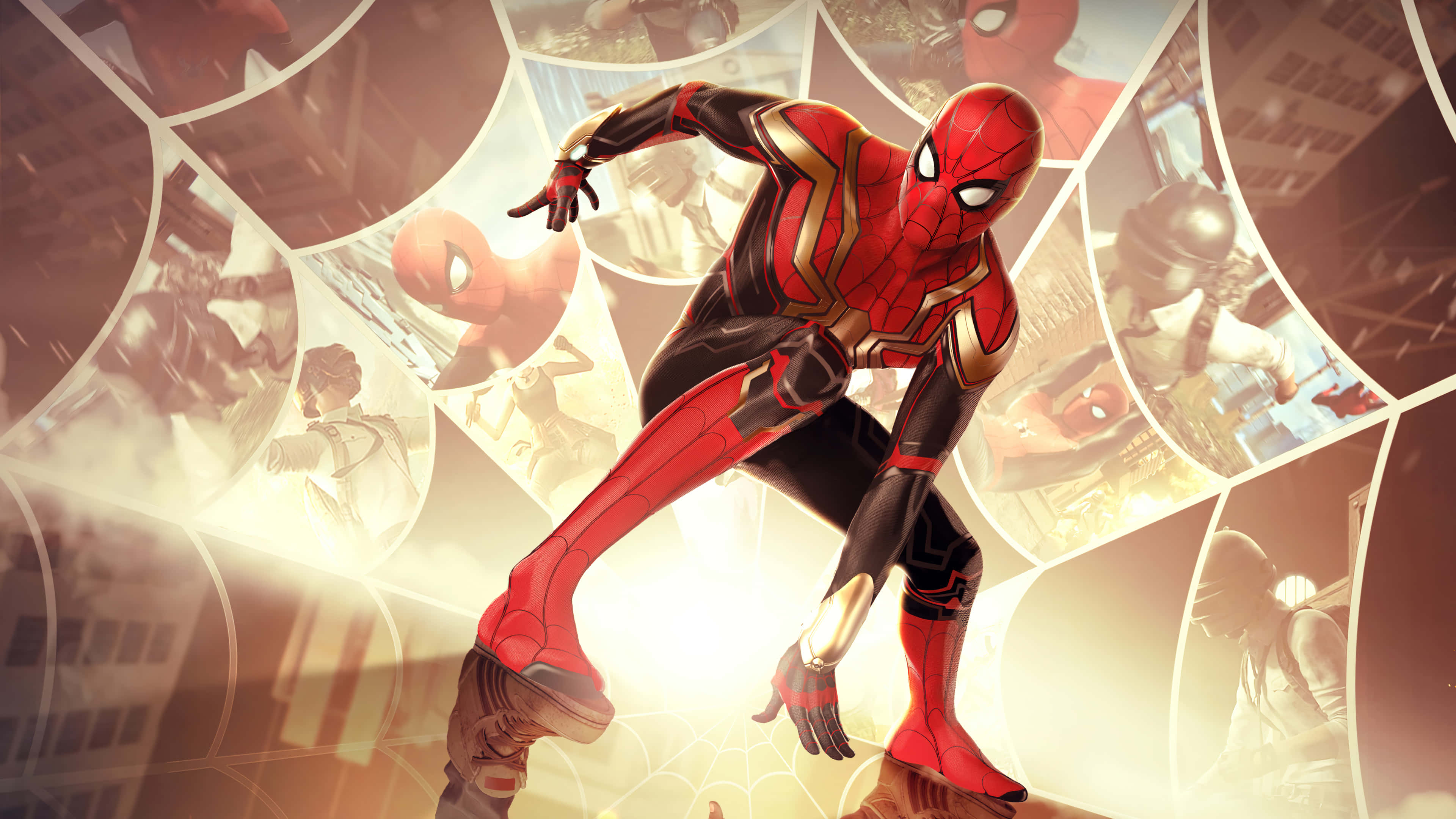 Spider Man No Way Home 桌布 壁紙 — 蜘蛛俠身穿紅金色戰衣，在溫暖光芒閃耀的漫畫面板拼貼背景中動態跳躍。