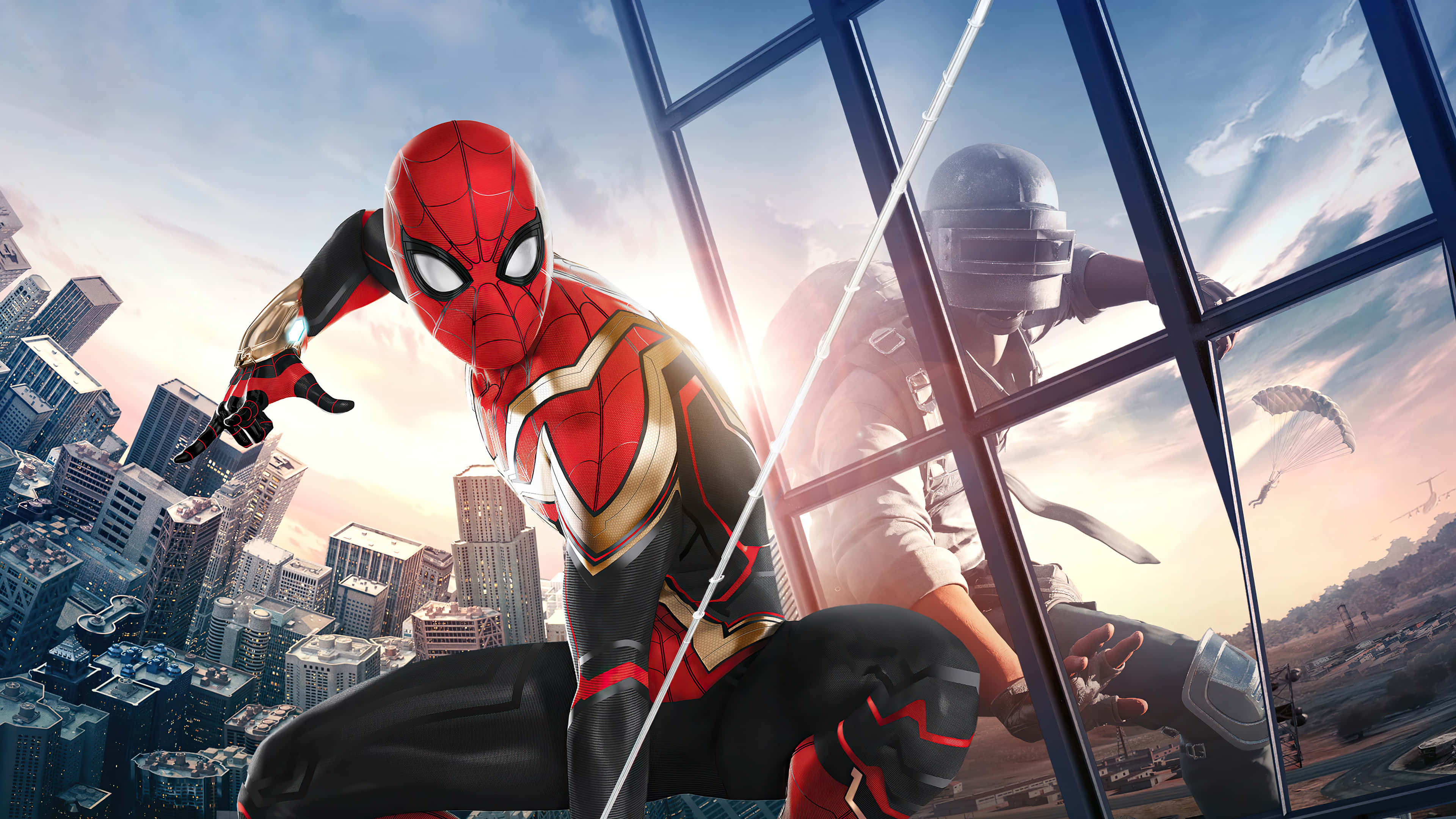 Spider Man No Way Home 桌布 壁紙 — 蜘蛛俠身穿紅金色戰衣穿梭城市天際，一名蒙面人物從窗戶觀望。