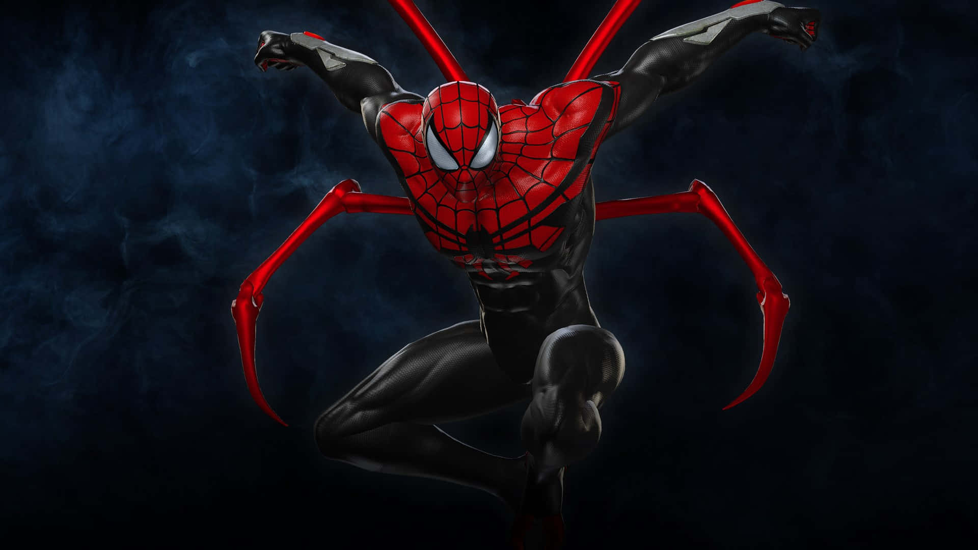 Superior Spider-man 桌布 壁紙 — 蜘蛛俠身穿紅黑戰衣，伸出紅色蛛網發射器，在黑暗煙霧背景前動感擺姿勢。
