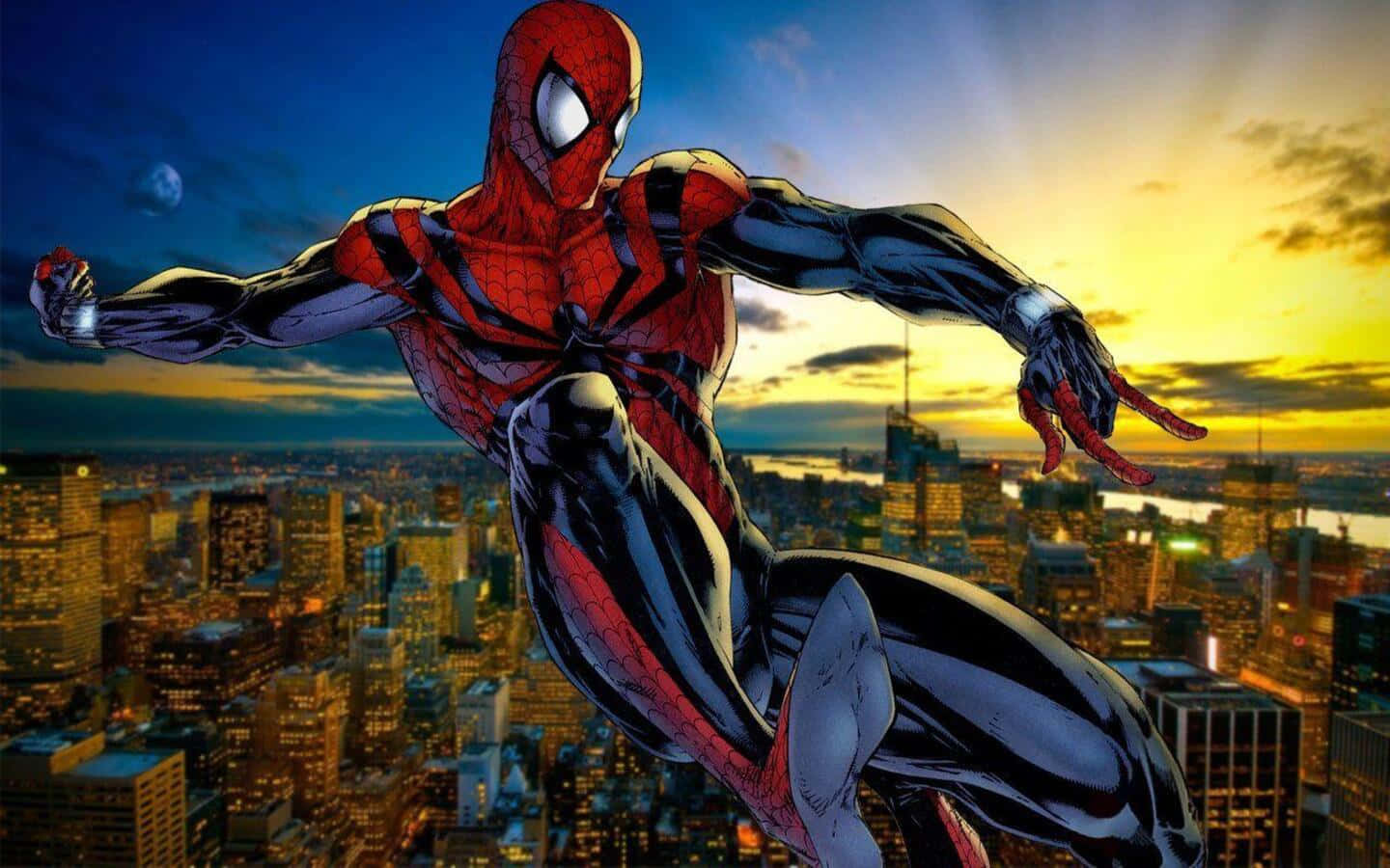 Spider-geddon 桌布 壁紙 — 蜘蛛俠身穿紅黑戰衣，在日落時分於發光的城市天際線上動態擺盪。