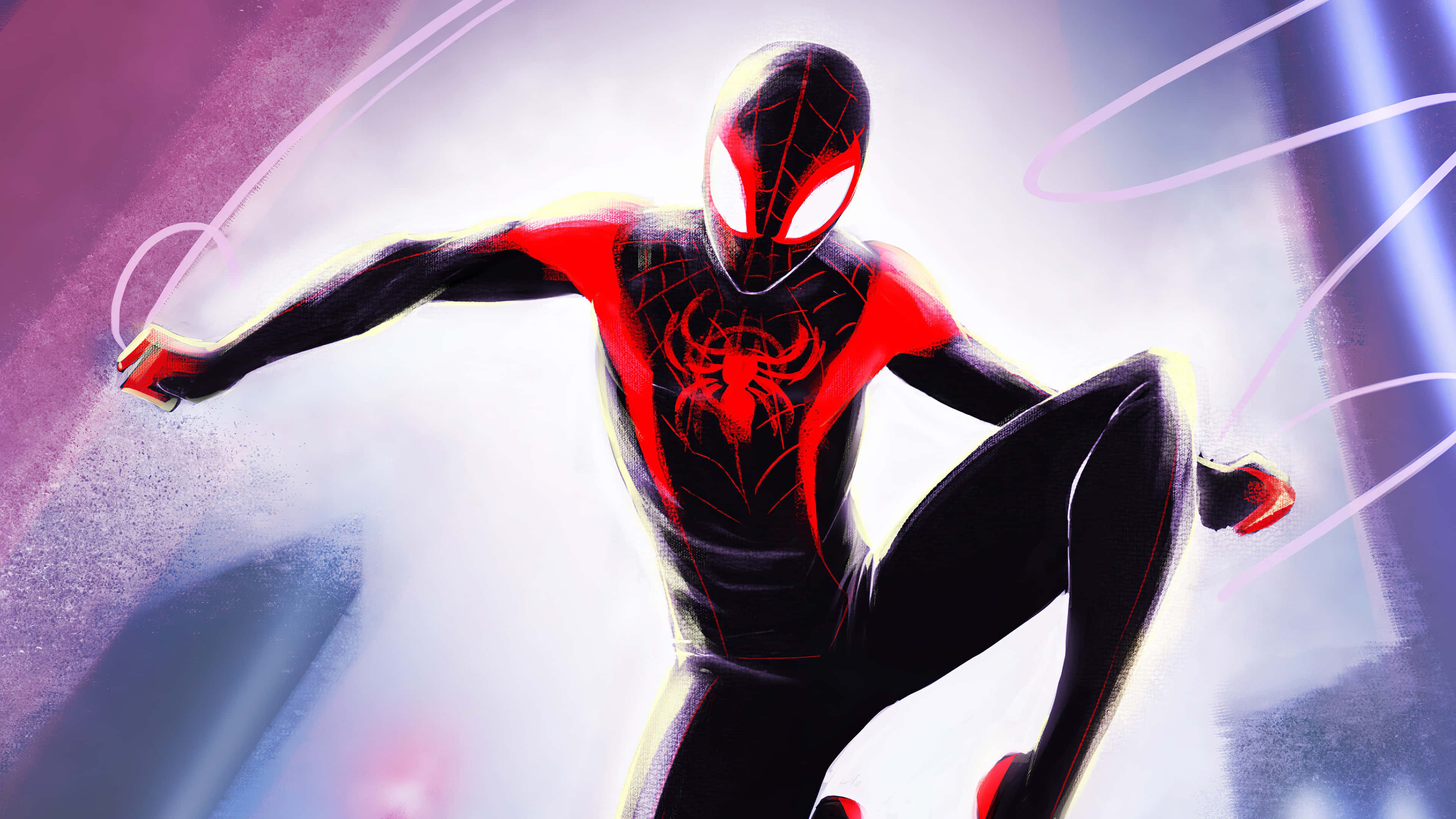 Ultimate Spider-man 桌布 壁紙 — 蜘蛛俠身穿紅黑戰衣，在發光的紫色和白色抽象背景前動態蹲伏。