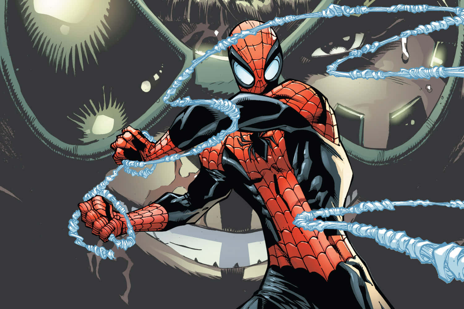 Superior Spider-man 桌布 壁紙 — 蜘蛛俠身穿紅黑戰衣，在黑暗 gritty 的城市背景下，以發光的眼睛射出蛛絲。