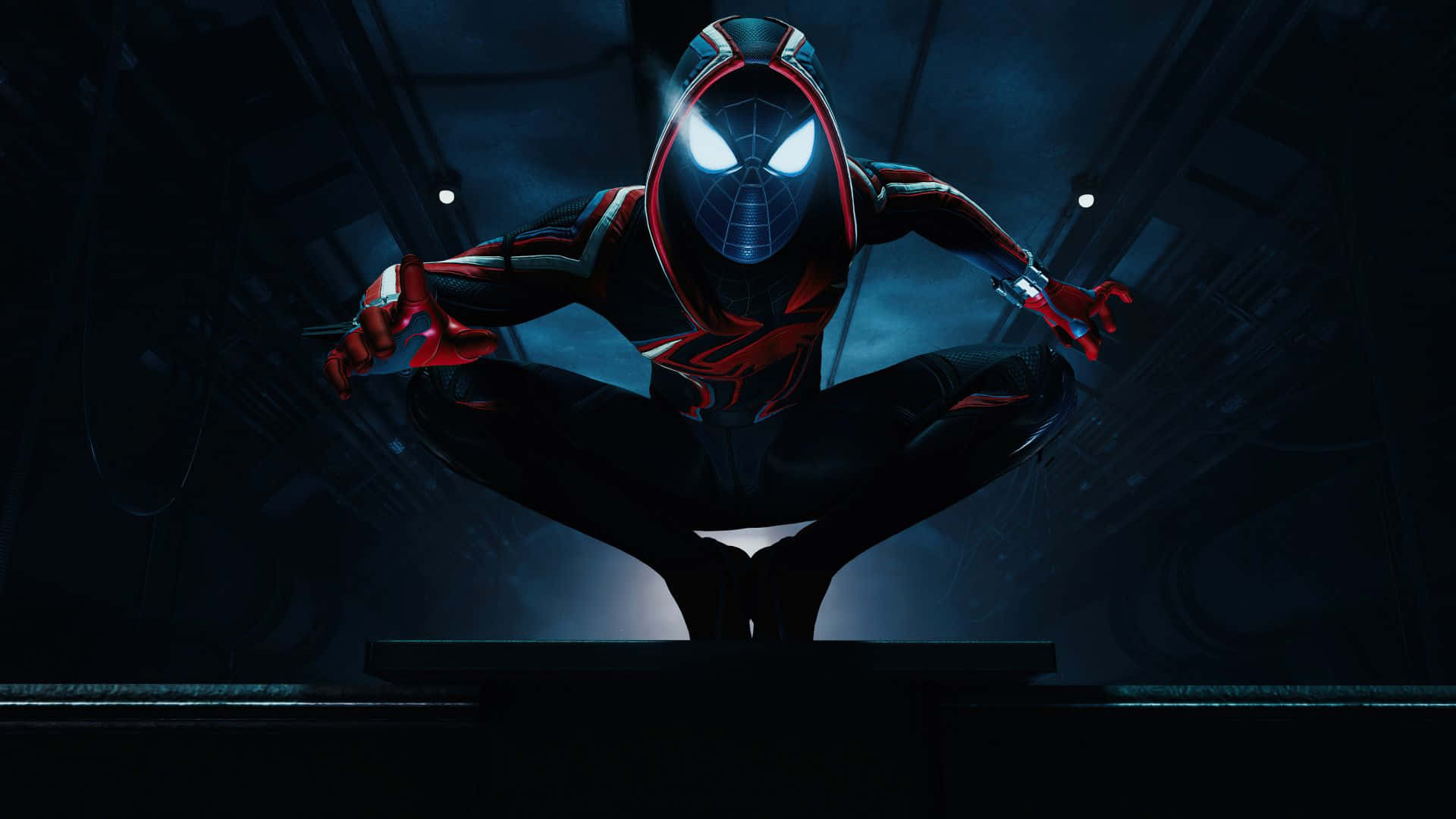 Miles Morales 動漫 桌布 壁紙 — 蜘蛛俠身穿紅黑戰衣，在黑暗的未來走廊中蹲伏，雙眼發出白光。