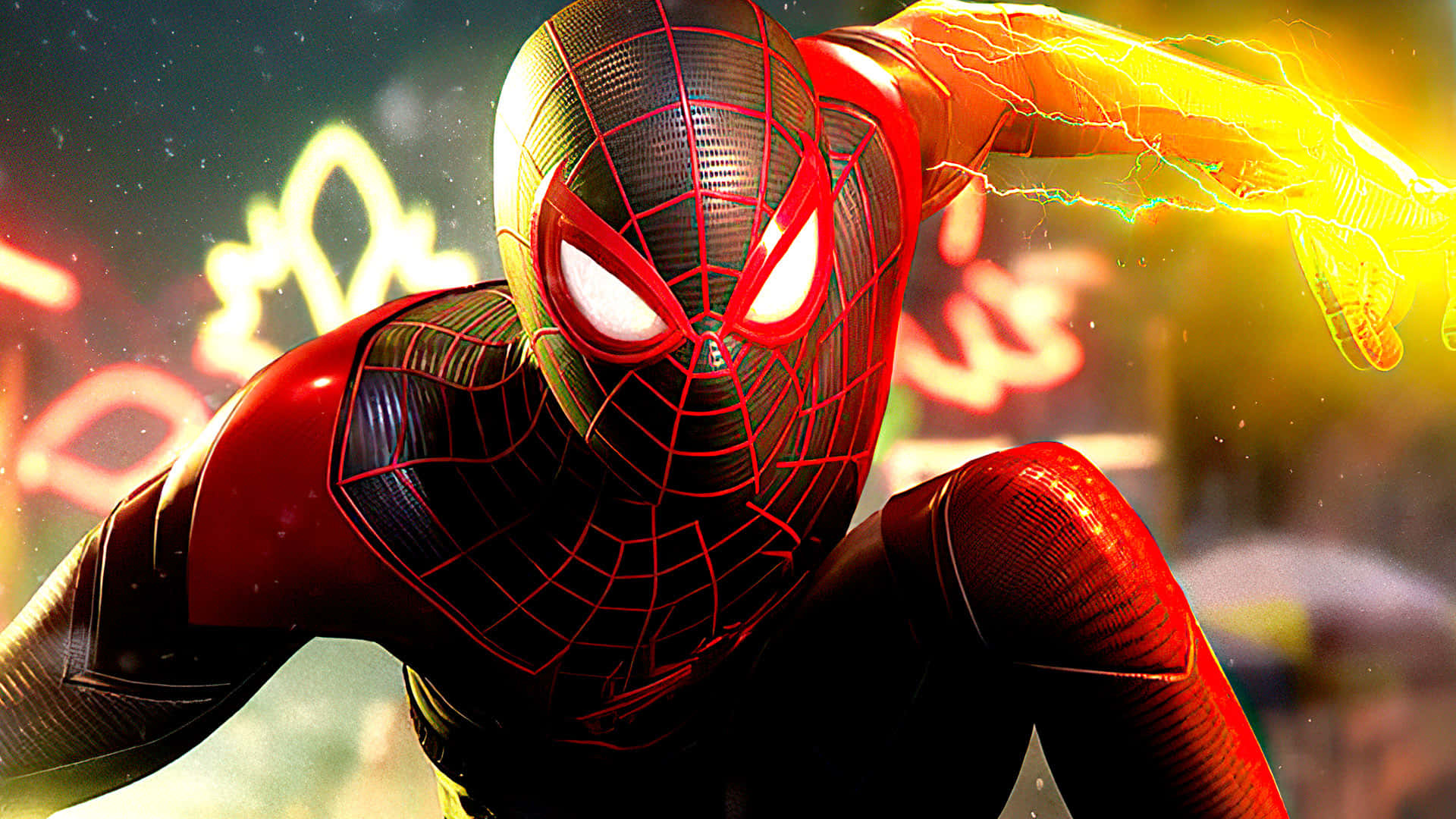 Miles Morales 動漫 桌布 壁紙 — 蜘蛛俠身穿紅黑戰衣，眼睛發光，手中迸發出電能，背景是霓虹燈點亮的城市。