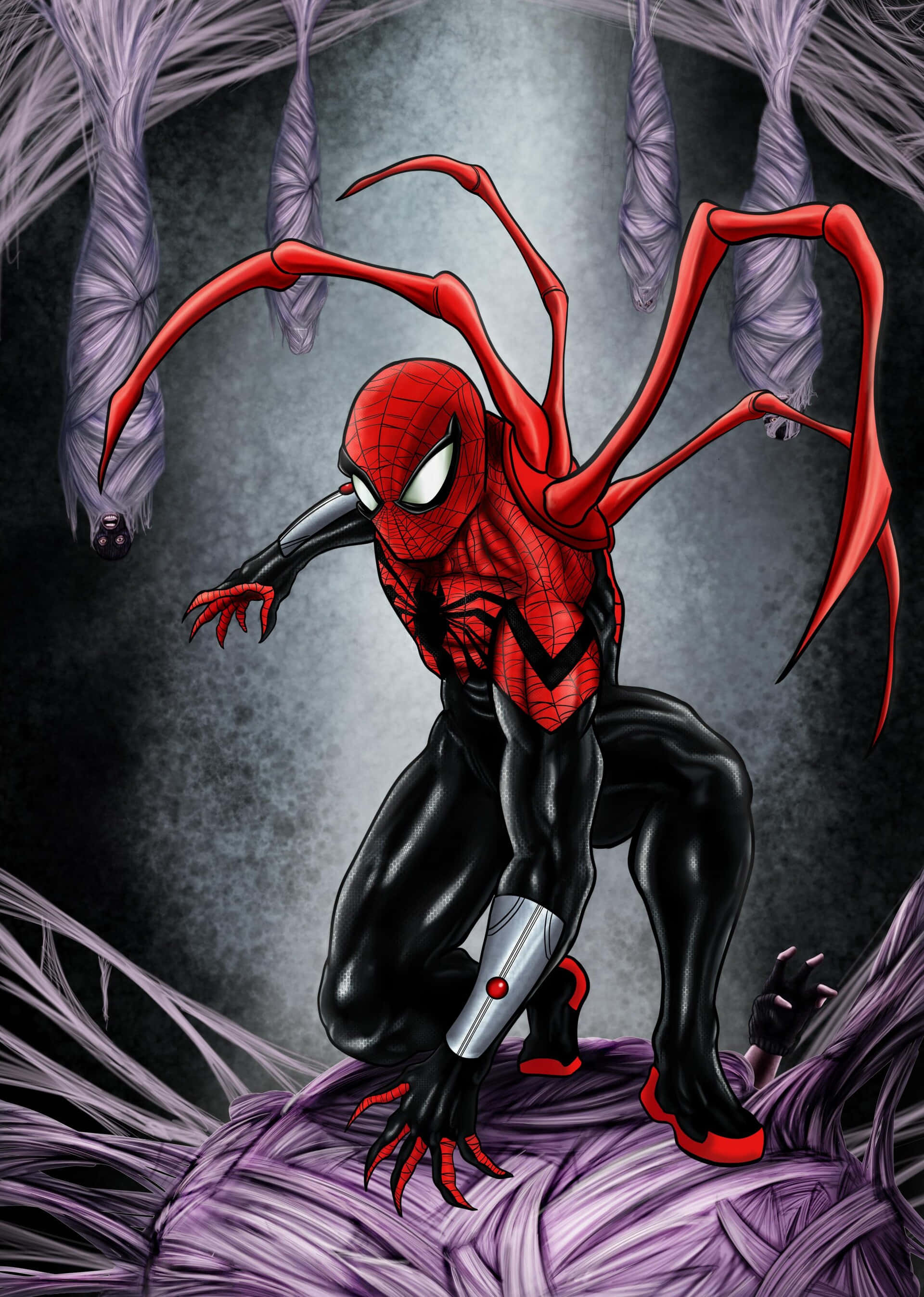 Superior Spider-man 桌布 壁紙 — 蜘蛛俠身穿紅黑戰衣，蹲在紫色蜘蛛網上，背部伸出長長的紅色肢體，背景為深灰色。
