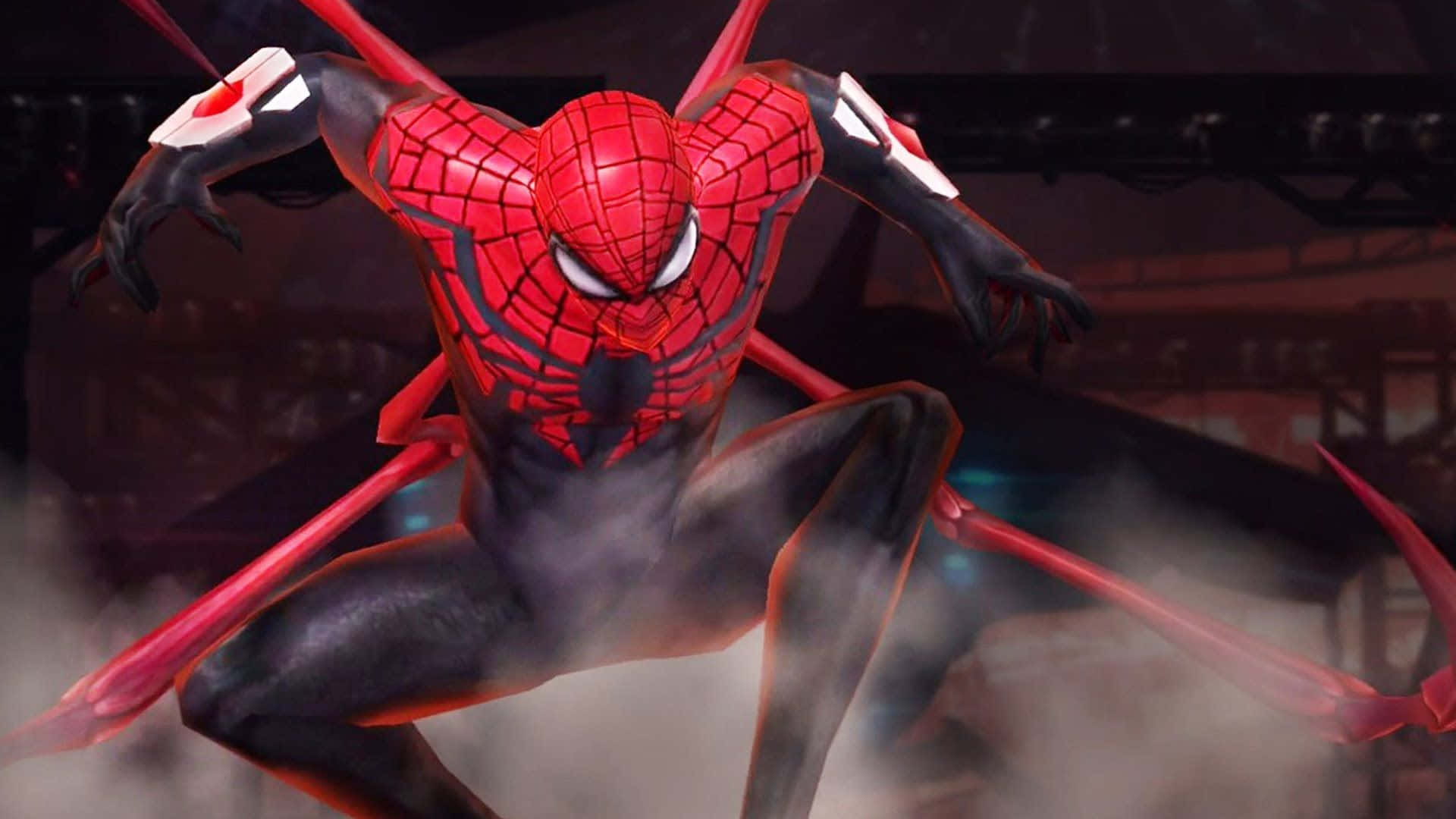 Superior Spider-man 桌布 壁紙 — 蜘蛛俠身穿紅黑色戰衣，在迷霧中動態蹲伏，手臂延伸出發光的蛛網線條。