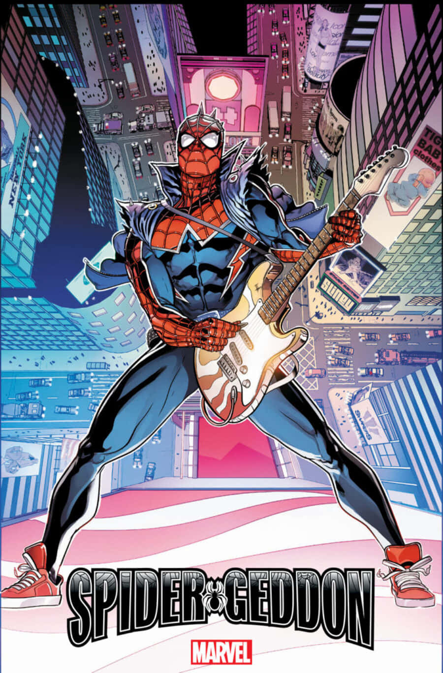 Spider-geddon 桌布 壁紙 — 蜘蛛俠身穿藍紅戰衣，在粉白條紋舞台上彈奏白色電結他，背景是霓虹燈閃爍的城市景觀。