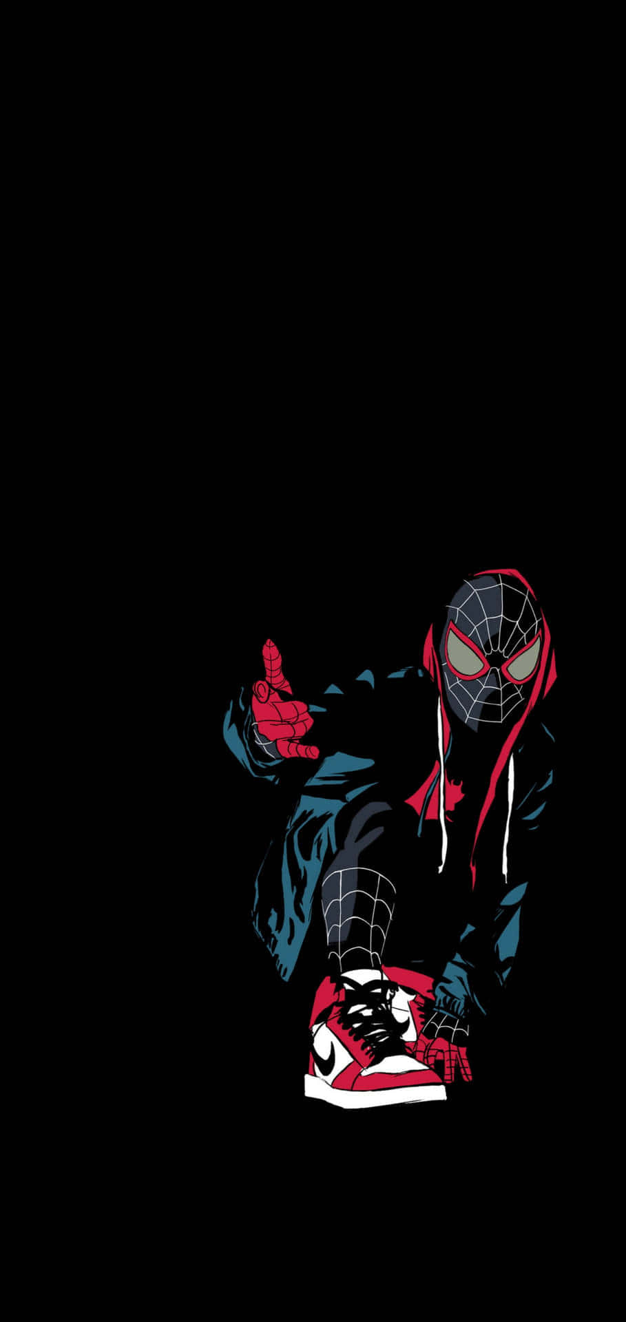 Miles Morales 動漫 桌布 壁紙 — 蜘蛛俠身穿連帽衛衣和運動鞋，在純黑背景下豎起大拇指。
