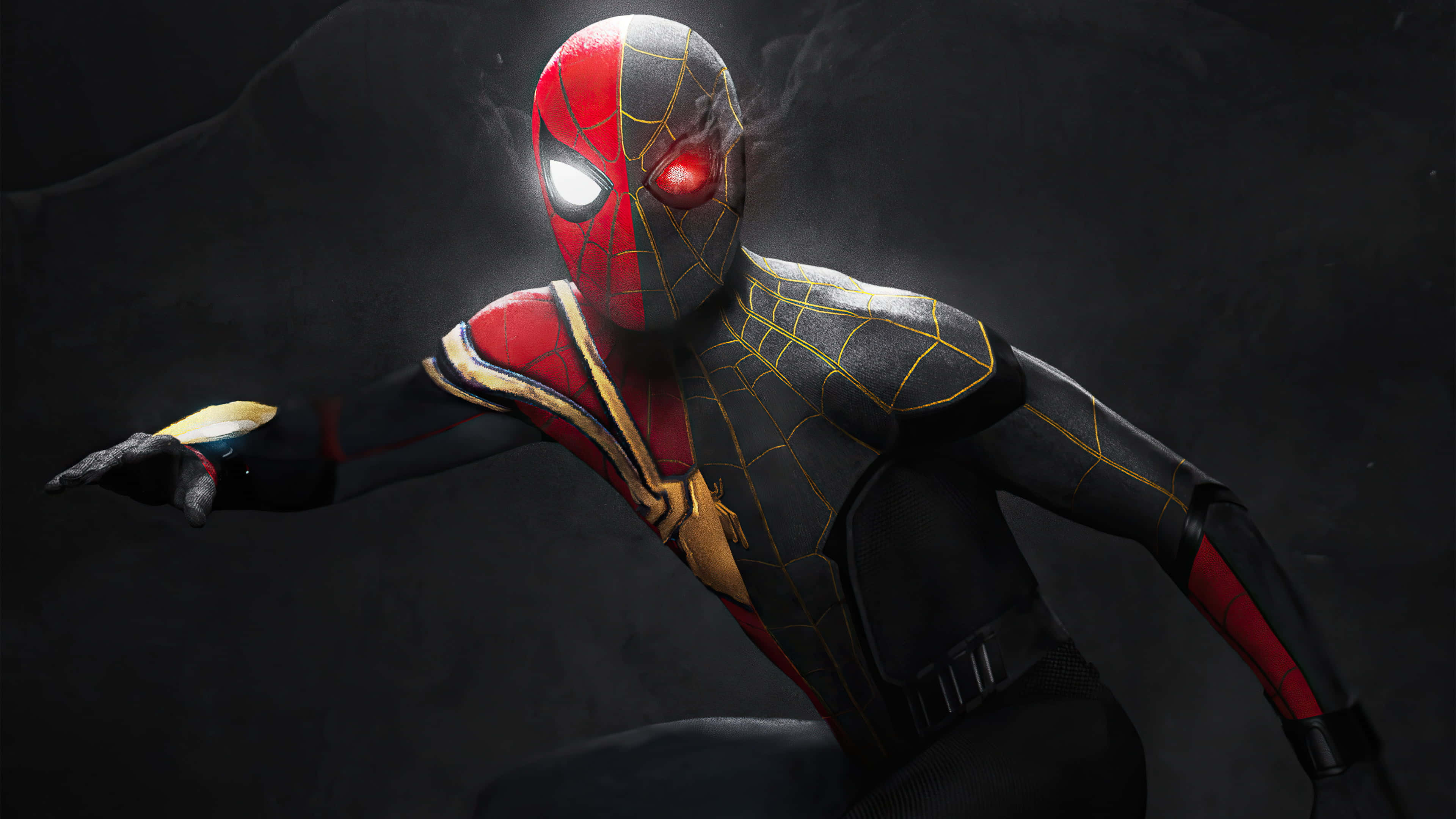 Spider Man No Way Home 桌布 壁紙 — 蜘蛛俠身穿黑、紅、金色戰衣，在黑暗煙霧背景中動態蹲伏，雙眼發光。
