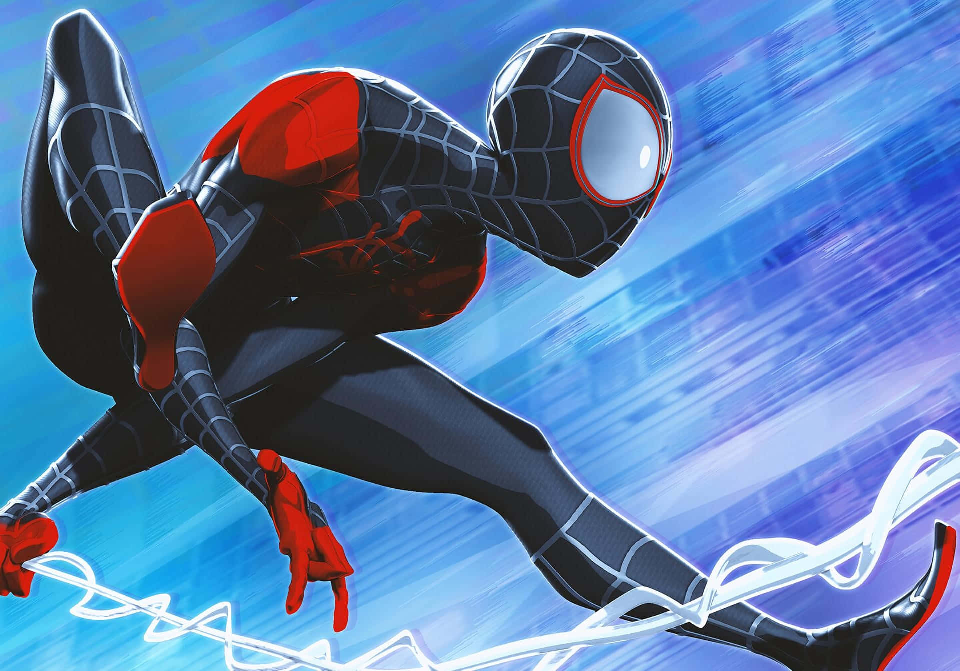 Miles Morales 動漫 桌布 壁紙 — 蜘蛛俠身穿黑紅色戰衣，在模糊的藍色城市景觀中動態擺盪，留下白色蛛網痕跡。
