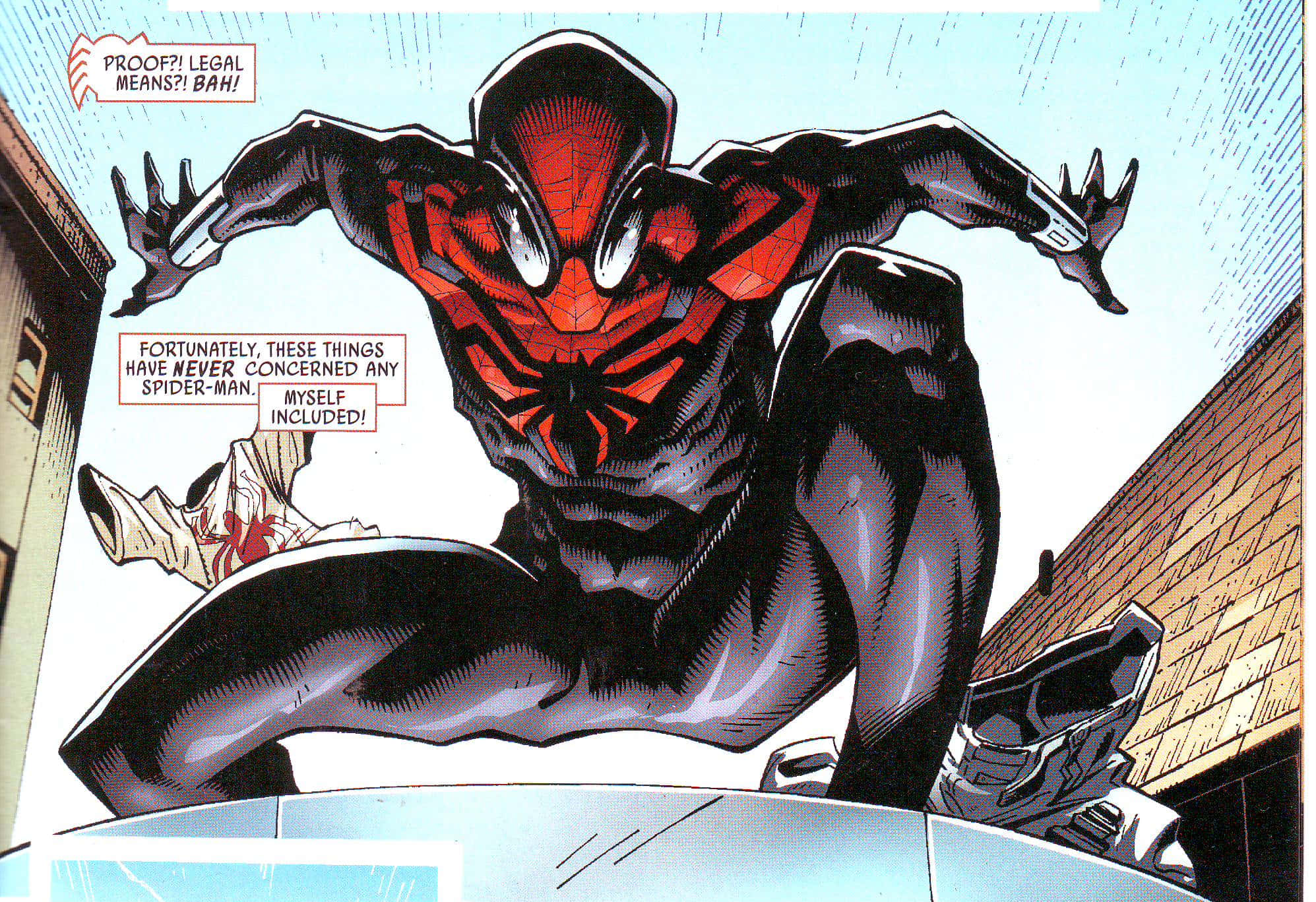 Superior Spider-man 桌布 壁紙 — 蜘蛛俠身穿黑紅色戰衣，在漫畫對話框之間動態跳躍於城市建築之間。