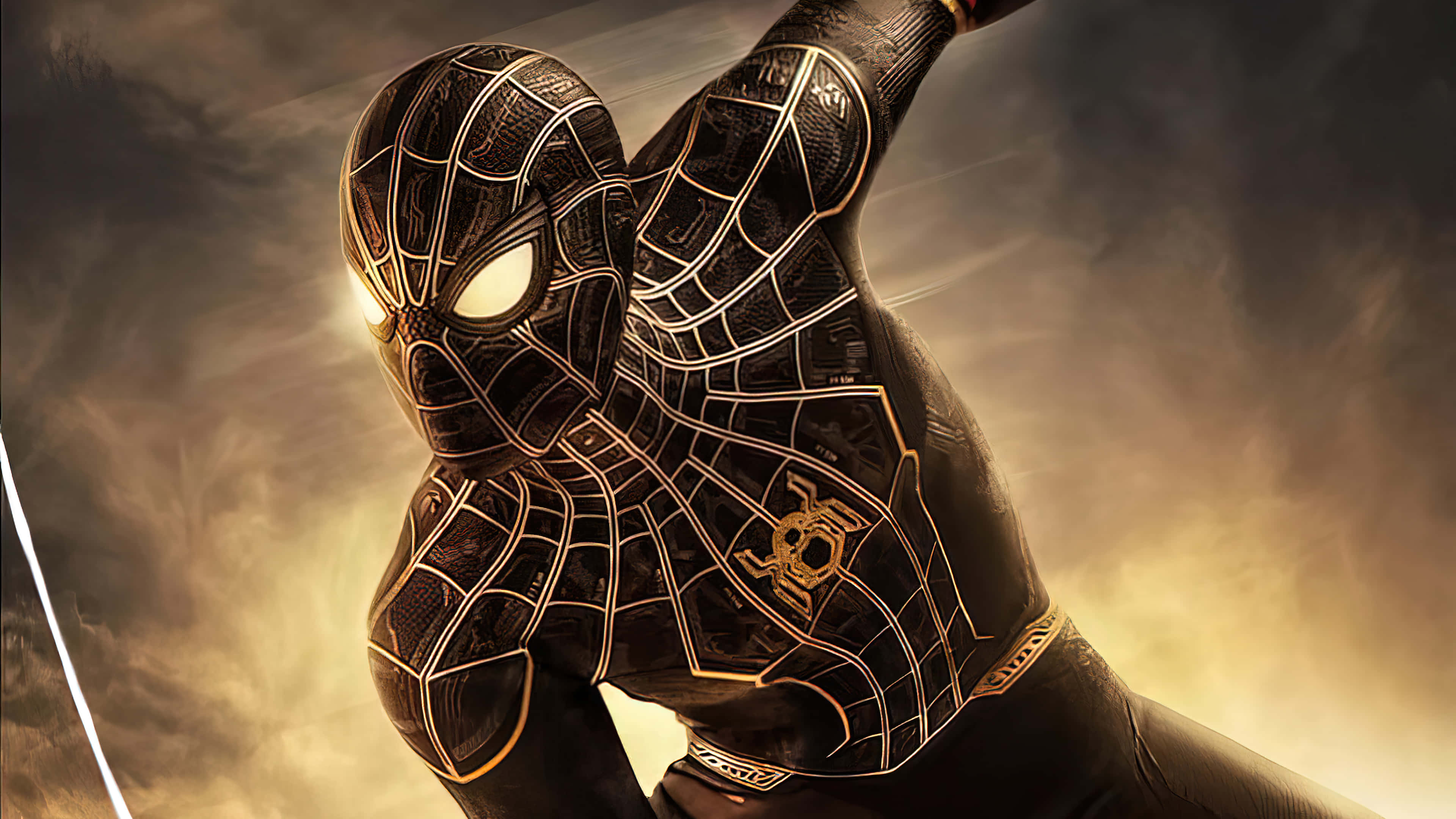 Spider Man No Way Home 桌布 壁紙 — 蜘蛛俠身穿黑金戰衣，在煙霧彌漫的金色背景下動態蹲伏。