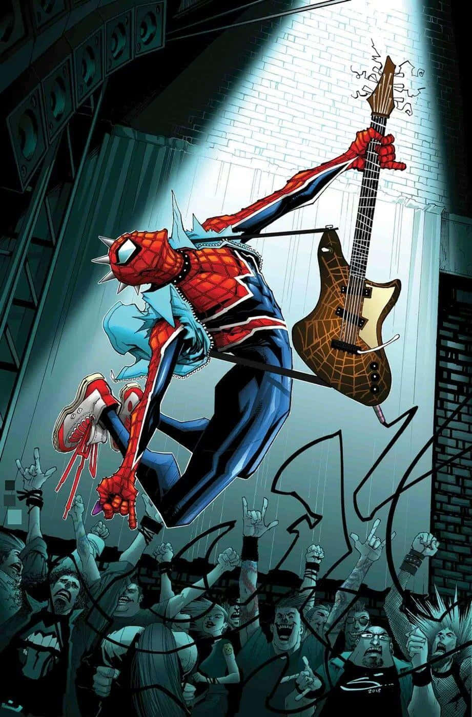 Spider-geddon 桌布 壁紙 — 蜘蛛俠身穿龐克搖滾裝束，在聚光燈下的演唱會中，手持結他躍上半空，下方是興奮的人群。