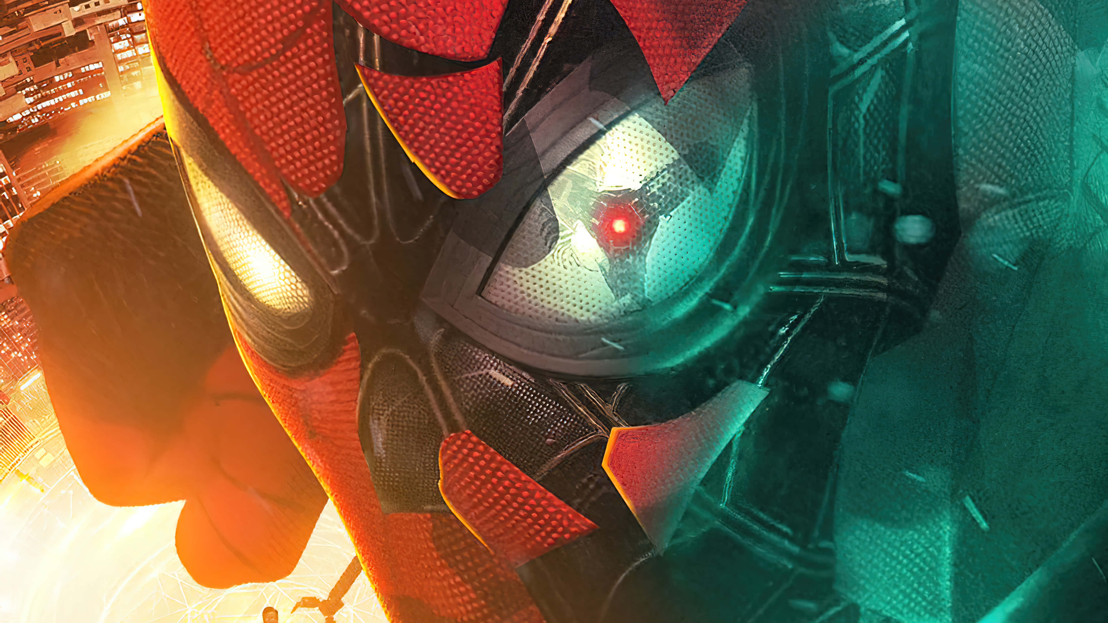 Spider Man No Way Home 桌布 壁紙 — 蜘蛛俠頭盔的特寫，帶有發光的紅色眼睛，背景是夜晚充滿活力的城市景觀。