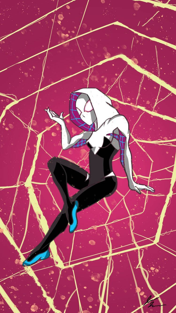 Spider-Gwen 身穿黑白配色套裝搭配藍色靴子，在蛛網圖案上擺姿。