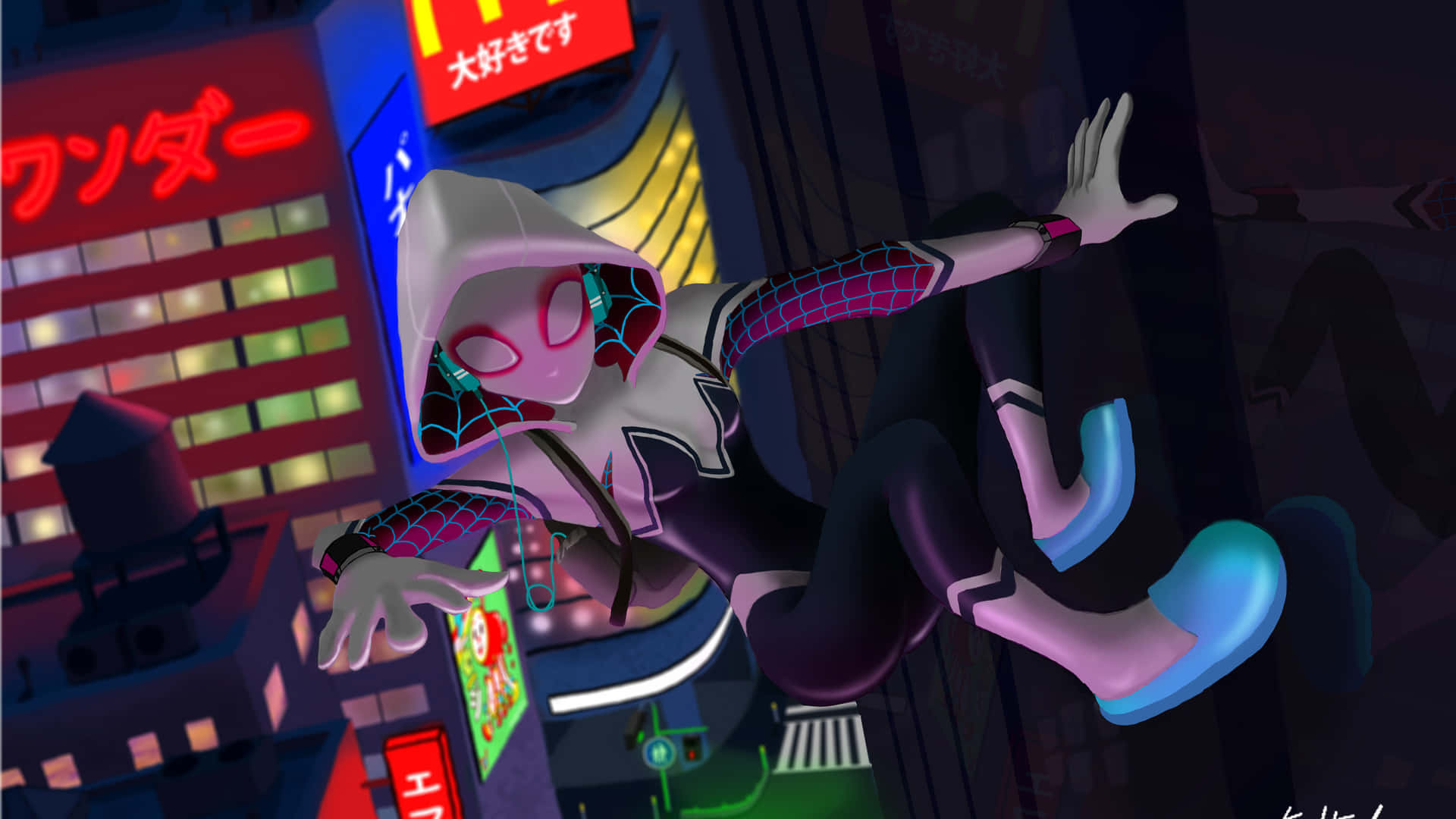 Spider-Gwen 在霓虹浸染的東京夜晚中擺盪，伴隨著發光招牌和濕漉漉的街道。