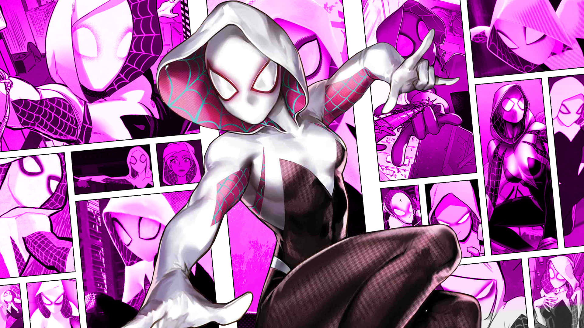 Spider-Gwen 身穿白色和粉紅色戰衣，在漫畫面板中英勇地擺姿勢。