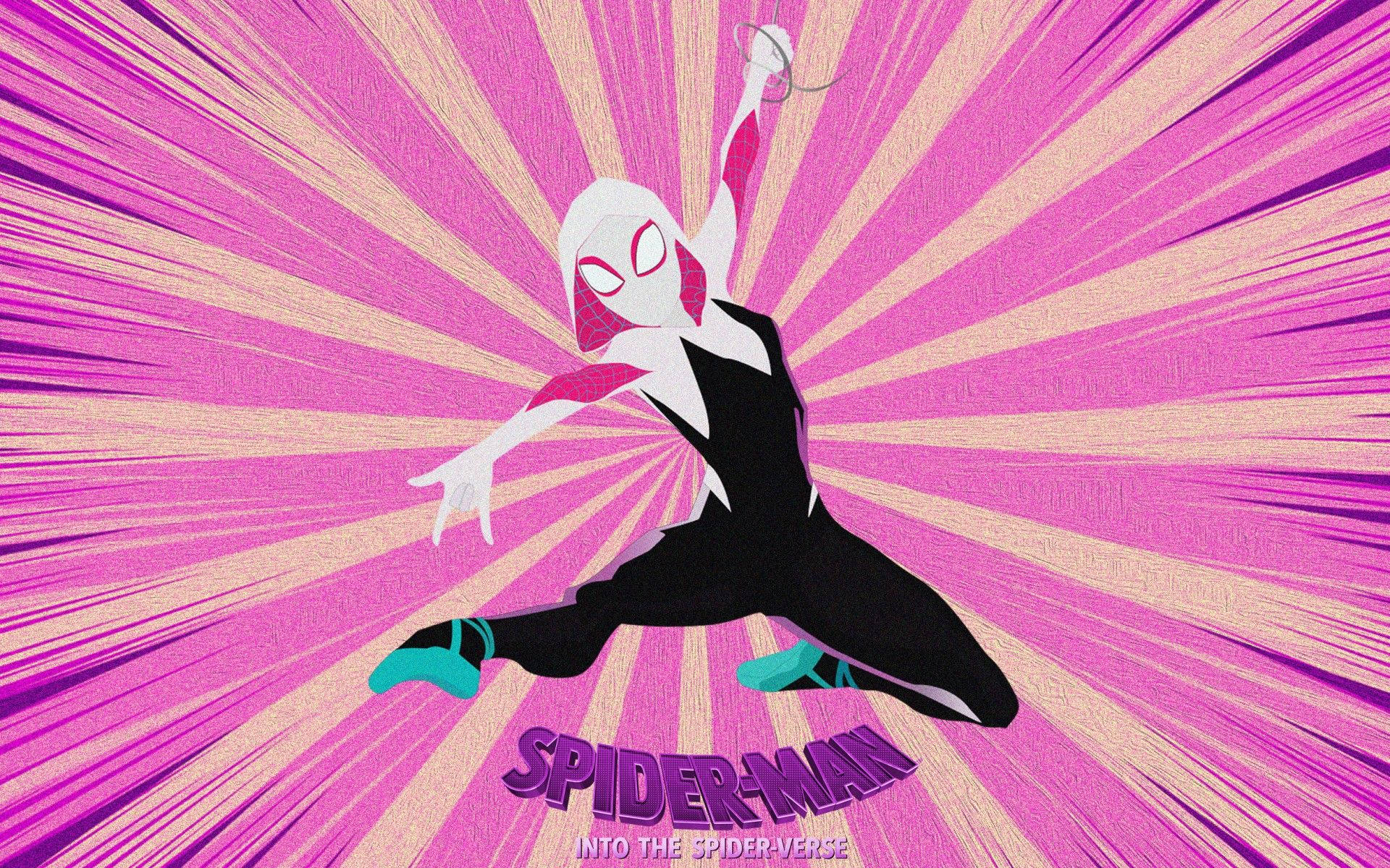 Spider-Gwen 在半空中拉開蛛網發射器，背景為粉紅色放射狀。