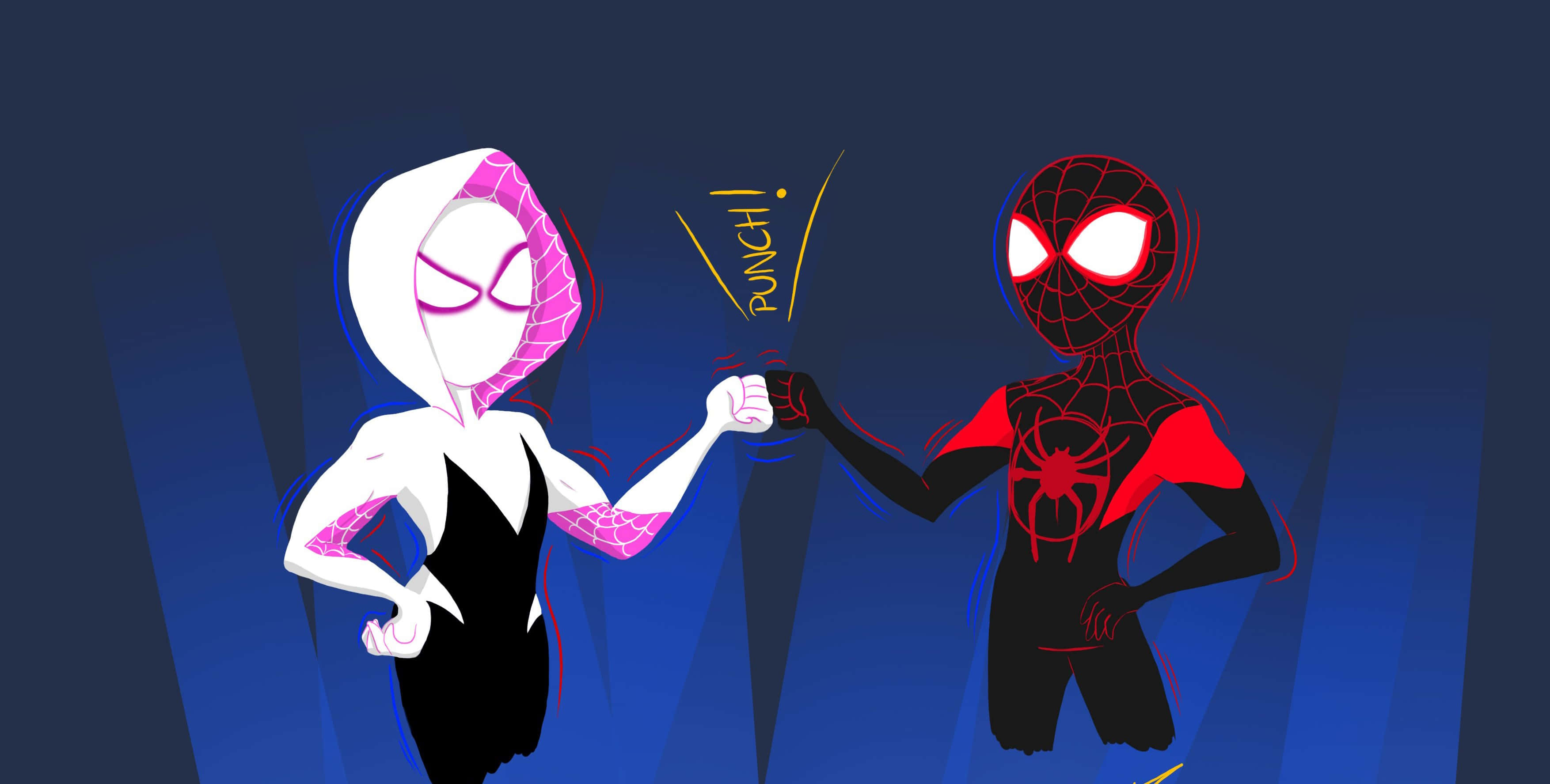 Gwen Stacy 桌布 壁紙 — 蜘蛛關和邁爾斯·莫拉萊斯在深藍色漸變背景前以動態動漫風格姿勢碰拳。