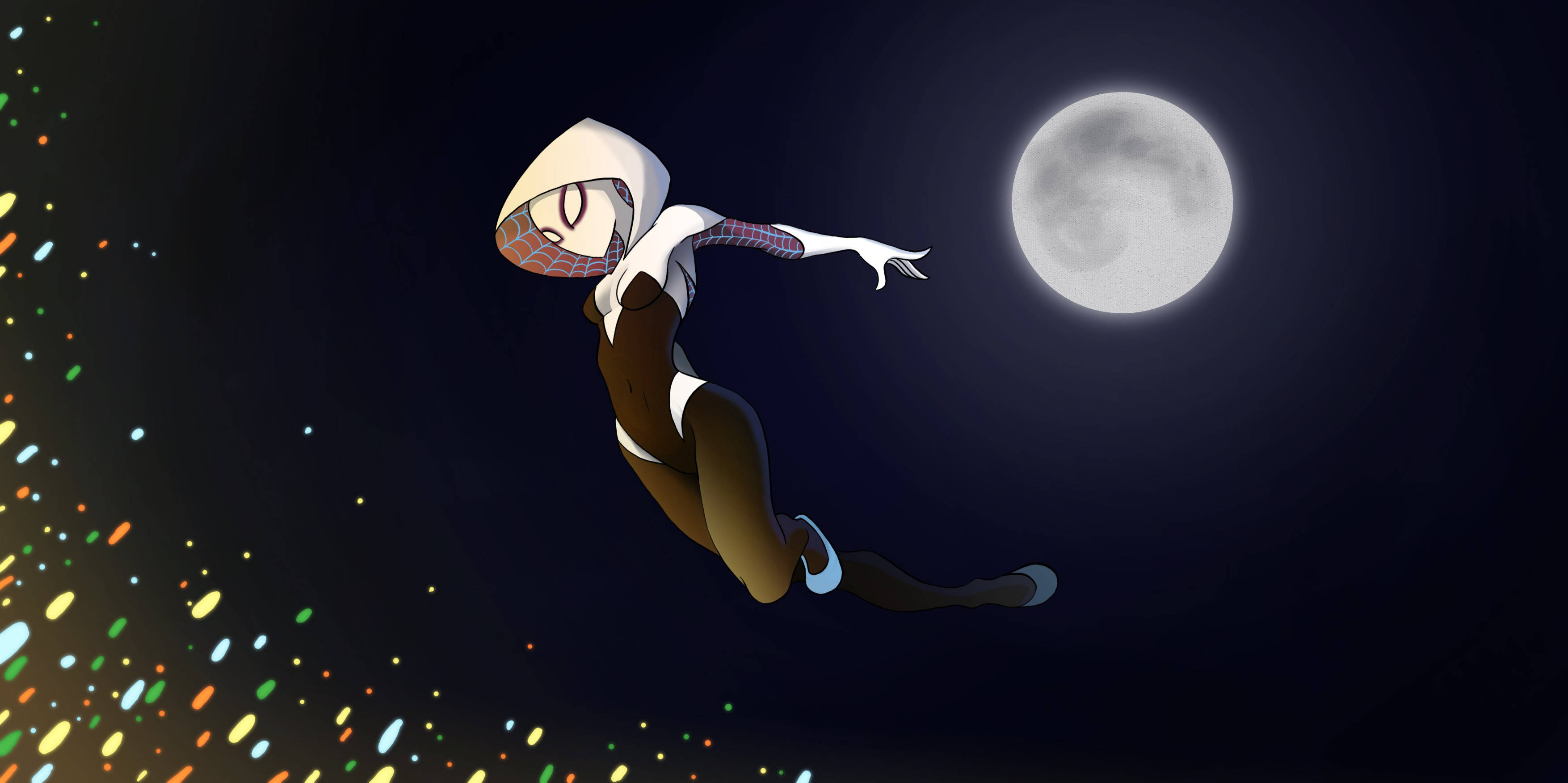 蜘蛛人 桌布 壁紙 — 蜘蛛關在星光燦爛的夜空中翱翔，在明亮的滿月下留下五彩斑斕的火花。