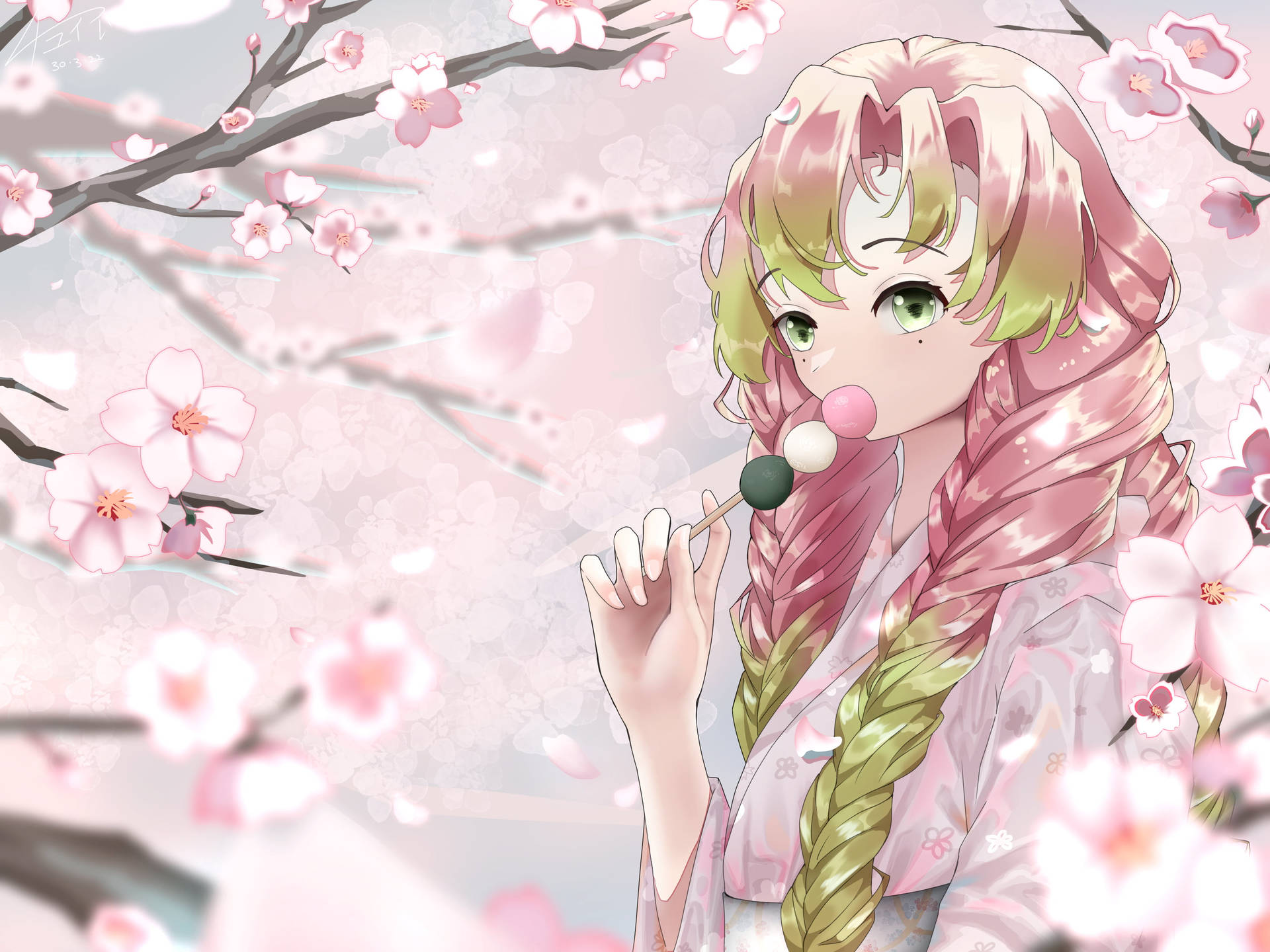 穿粉紅和服的動漫女孩在櫻花下吃甜糰子。