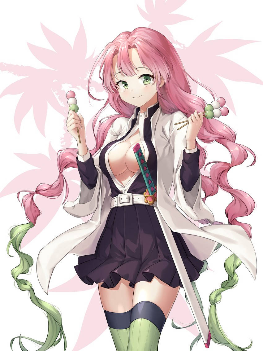 粉紅色頭髮的動漫女孩拿著麻糬串和一把劍