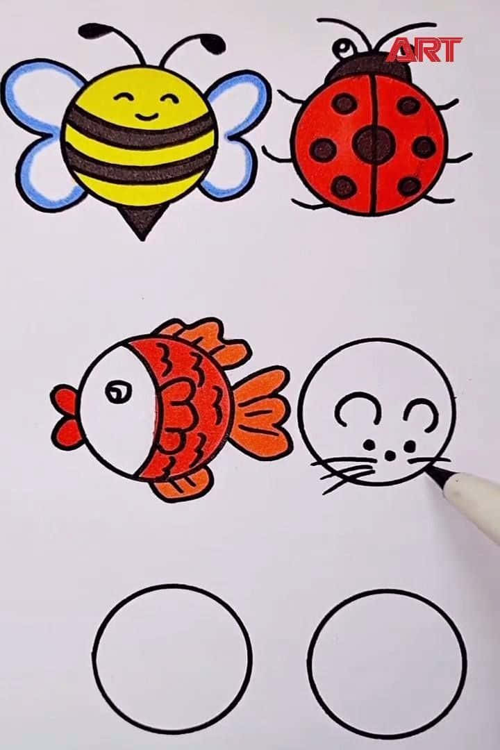 填色頁，包含可愛的蜜蜂、瓢蟲、魚和老鼠的圖畫以及空白圓圈。