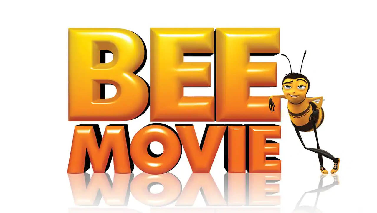 動畫蜜蜂角色旁邊是「Bee Movie」3D標誌，帶有倒影。