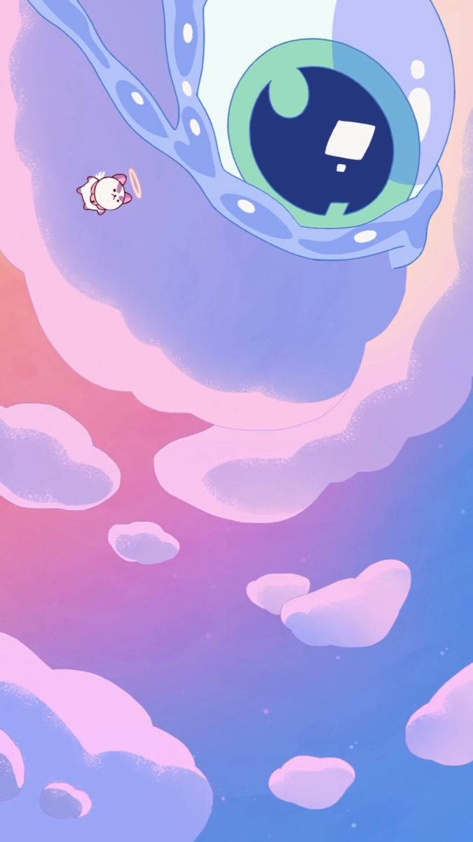 一個細小可愛的角色在夢幻天空中，於一隻巨大眼睛下，在粉彩雲朵之間漂浮。