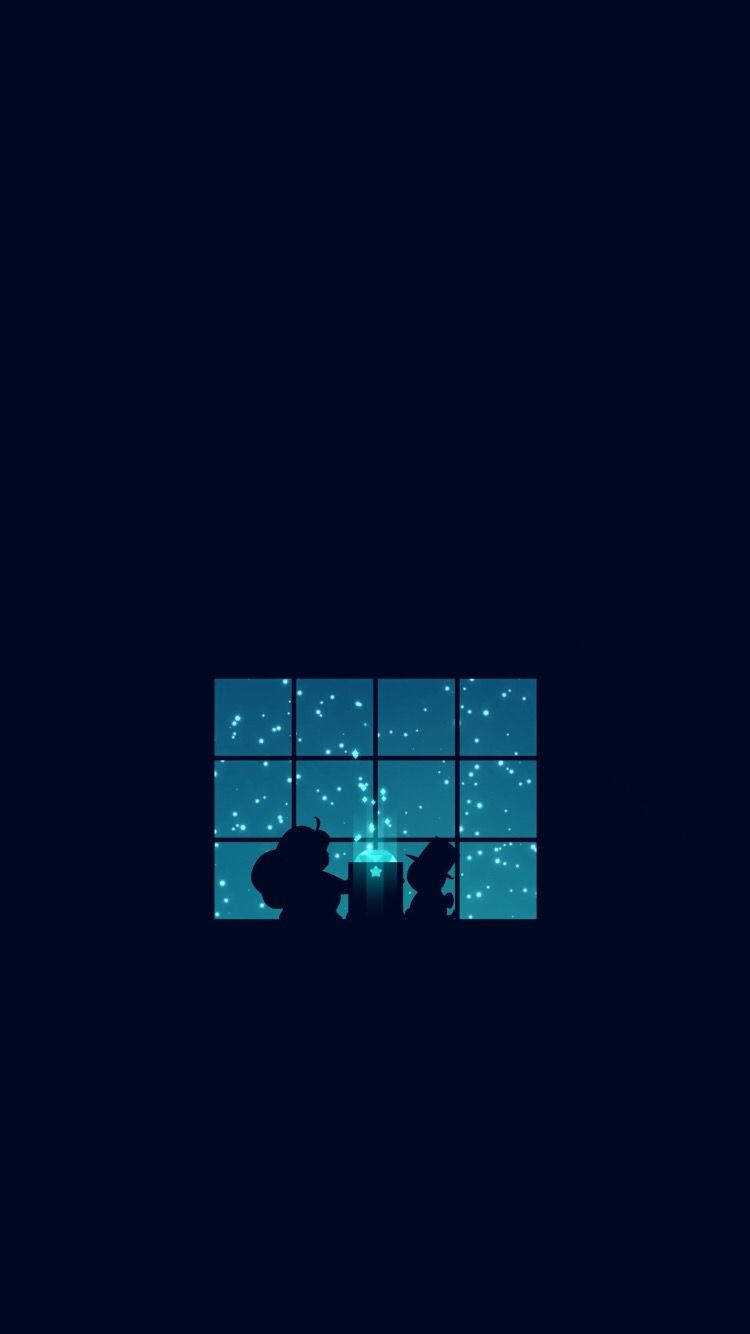 兩個剪影人物坐在窗邊，夜晚觀星。