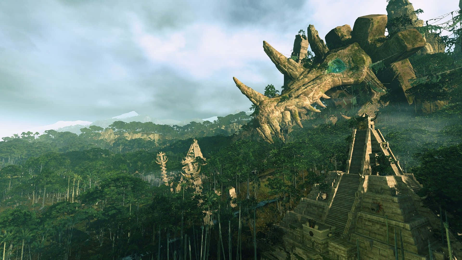 蜥蜴人遺跡 1920x1080 Total War Warhammer 背景 壁紙 — 一個雕刻在叢林懸崖上的巨大龍頭骨俯瞰著下方的古老石頭廢墟和迷霧森林。