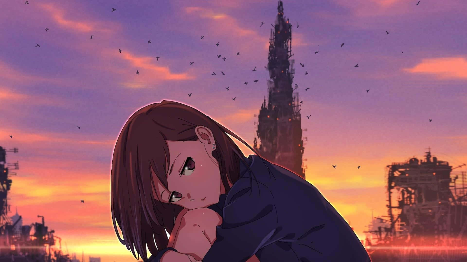 動漫女孩在廢墟城市中，夕陽和飛鳥在頭頂飛過。