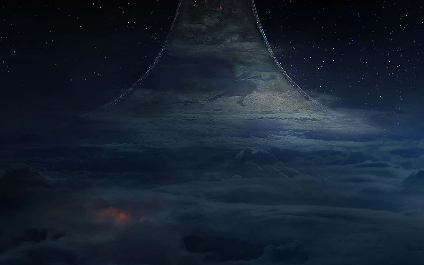 一個巨大的發光外星結構在繁星點點的夜空下，聳立於暴風雲層之上。