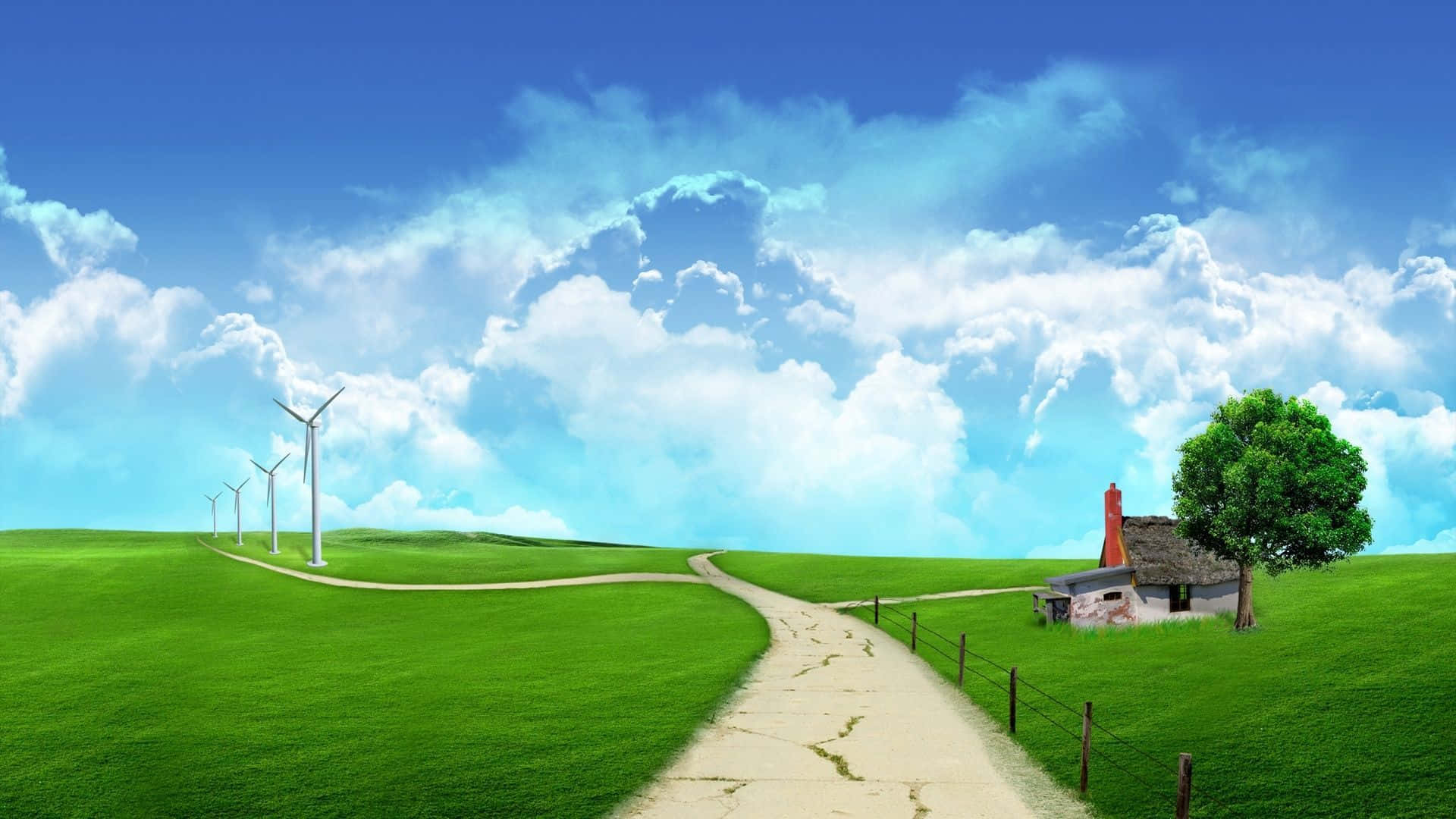 3d Landscape 桌布 壁紙 — 蜿蜒小路經過古樸小屋和風力發電機，在明亮藍天和蓬鬆白雲下。